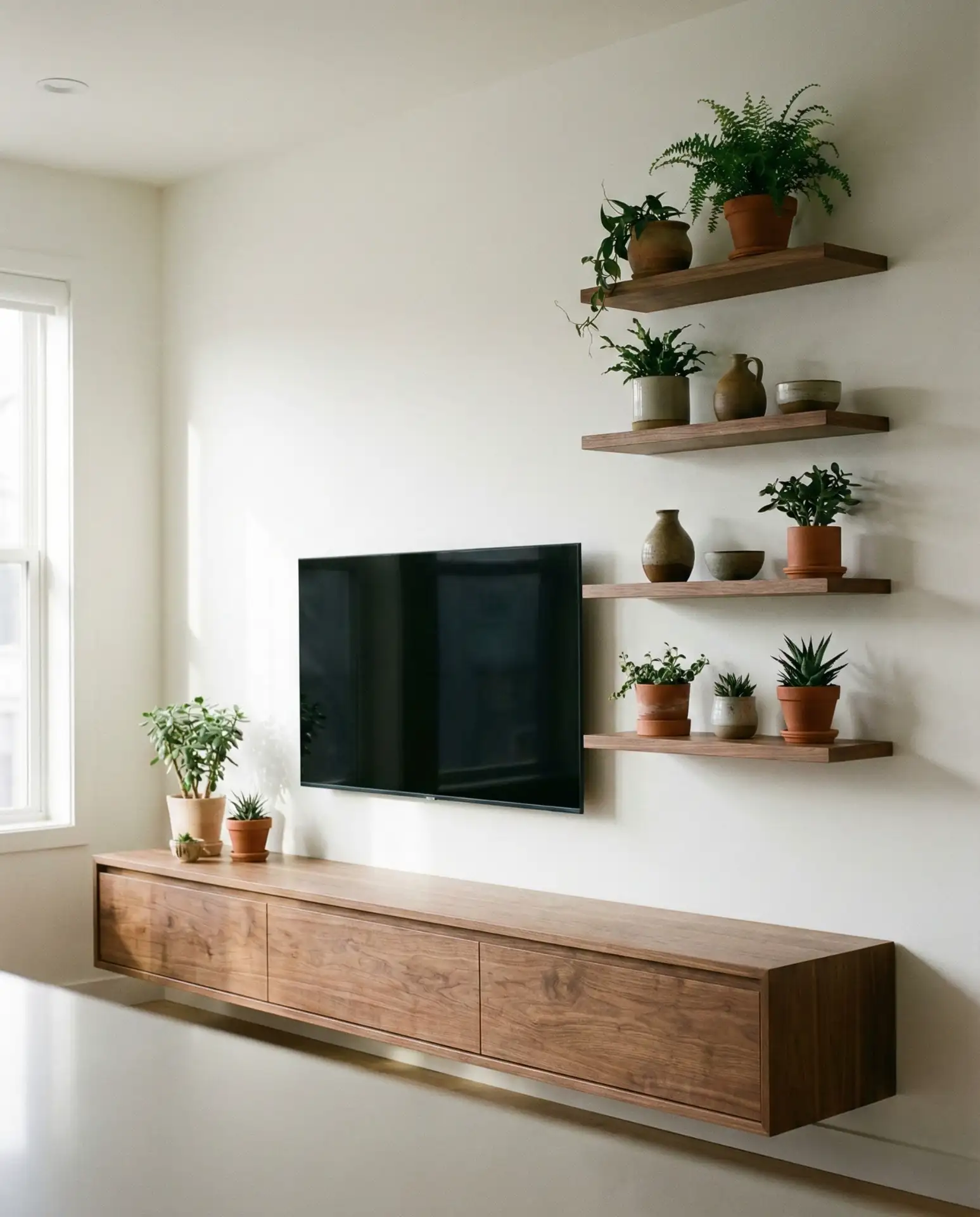 Slim Floating Console with Open Shelving Above 1