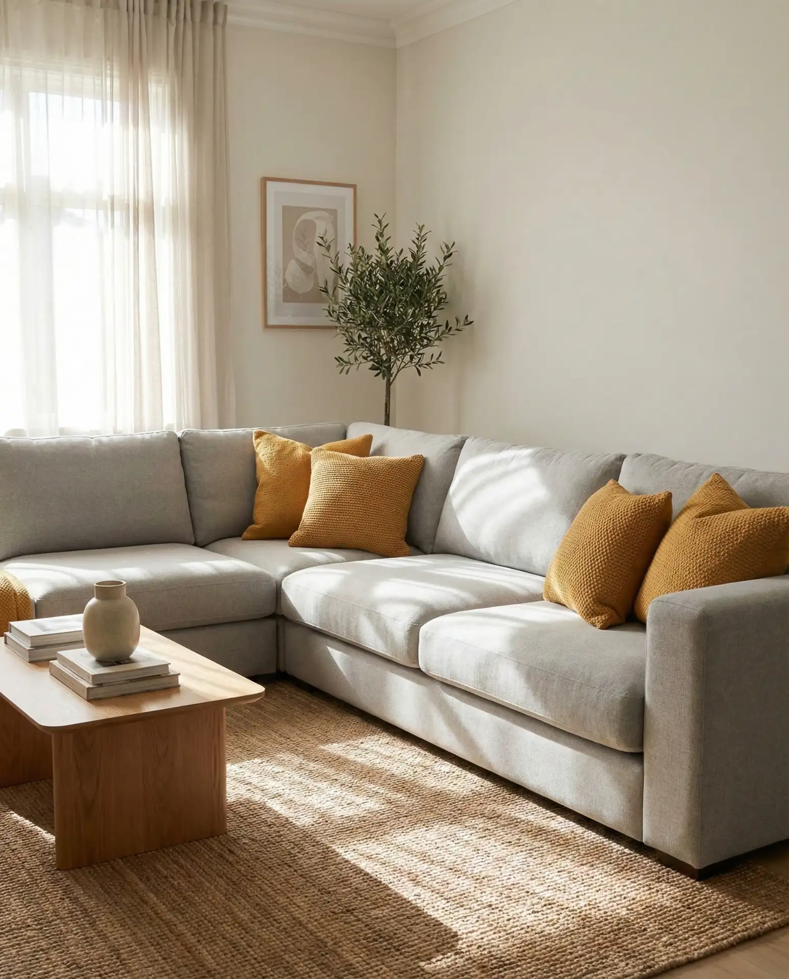 Soft Grey Sectional with Mustard Pillows 1