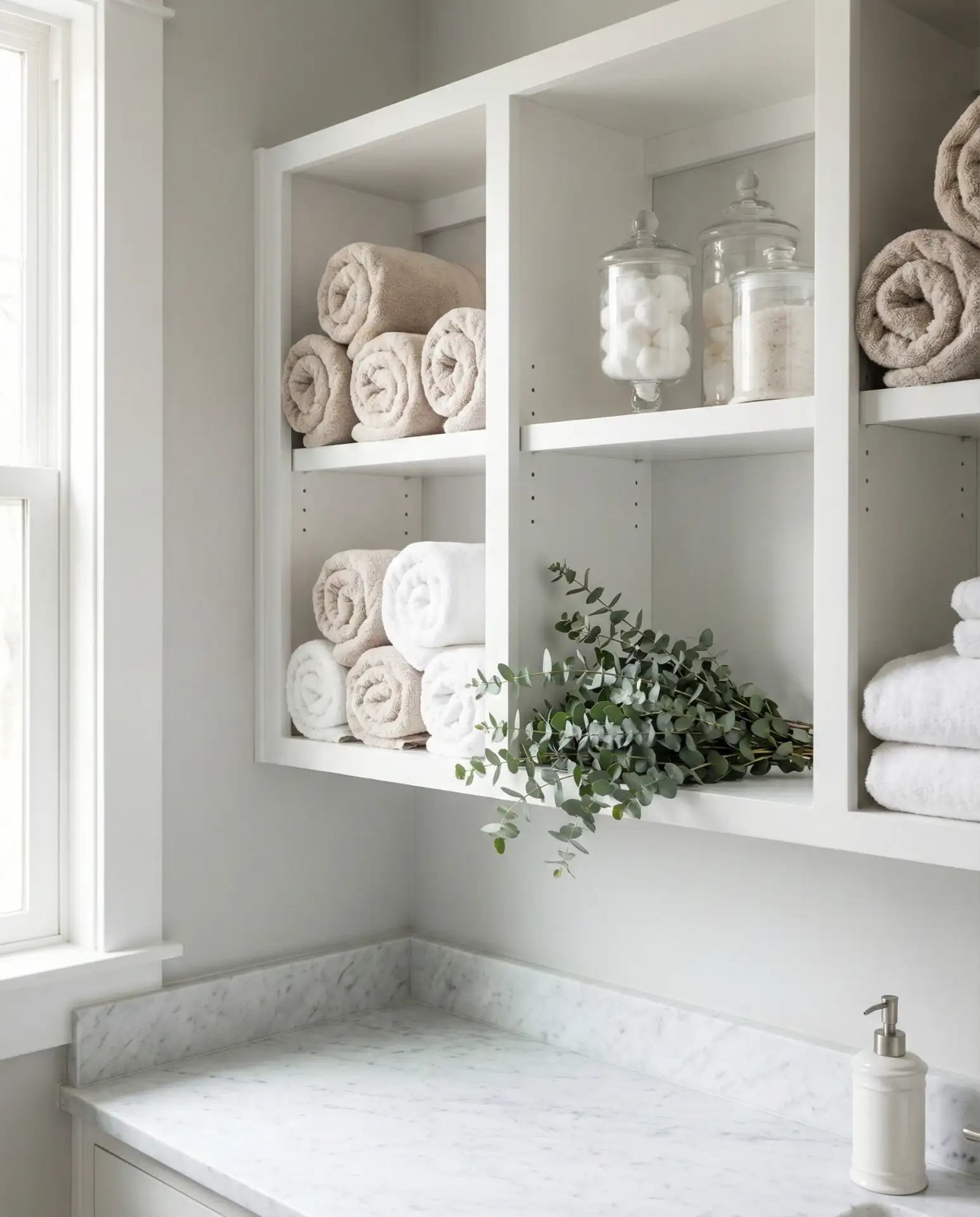 Spa-Style Open Shelving with Rolled Towels 1