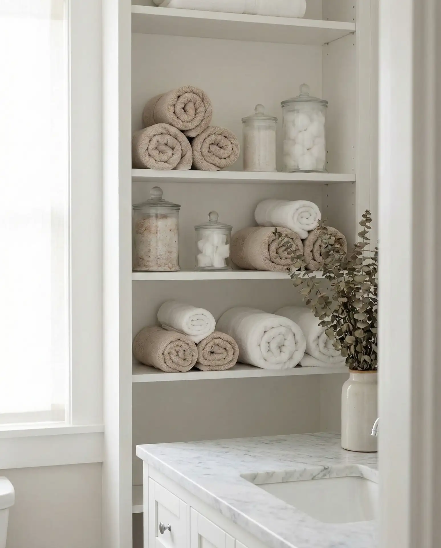 Spa-Style Open Shelving with Rolled Towels 2