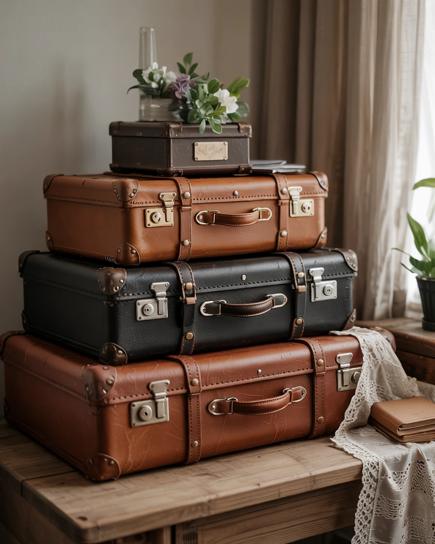 Stacked Vintage Suitcases as Card Display 1