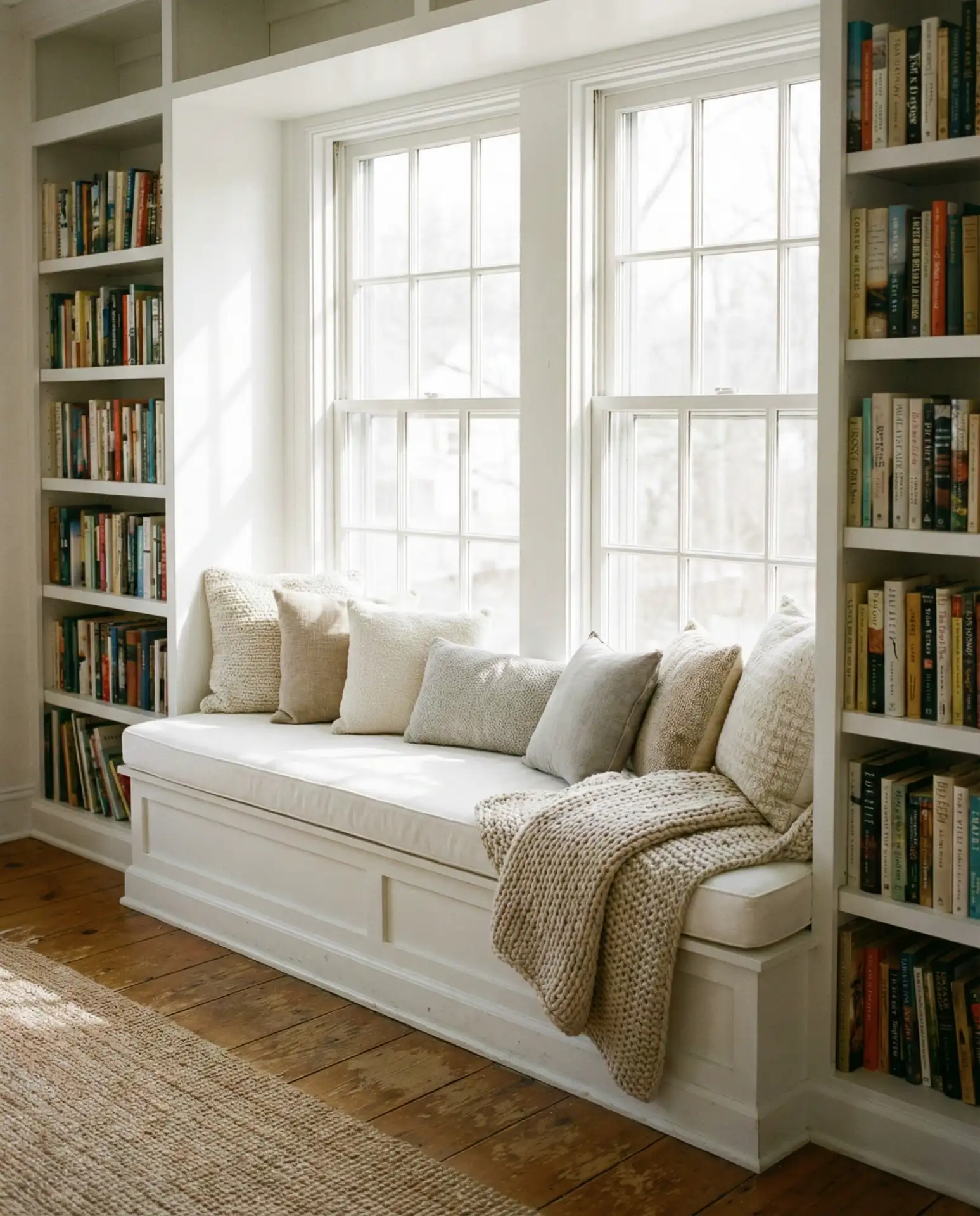 Sunlit Window Seat with Built-In Shelves 1