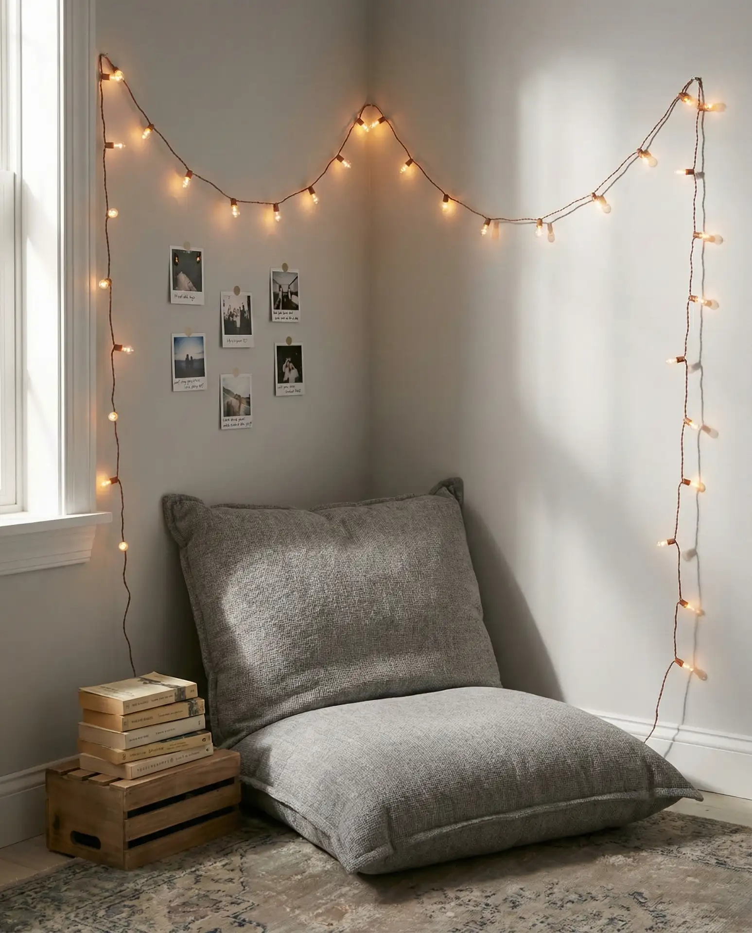 Teen Bedroom Corner with String Lights and Floor Cushion 1
