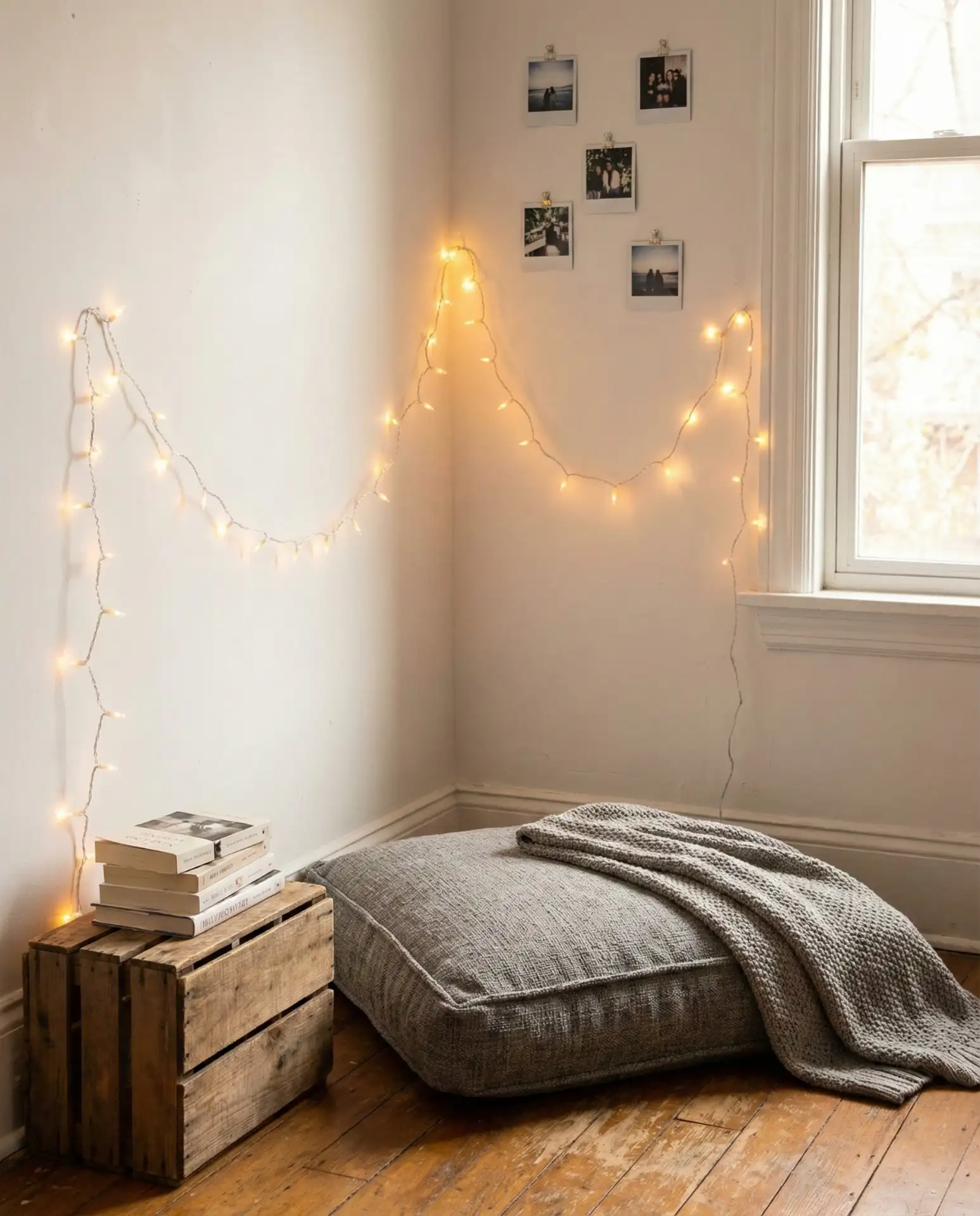 Teen Bedroom Corner with String Lights and Floor Cushion 2