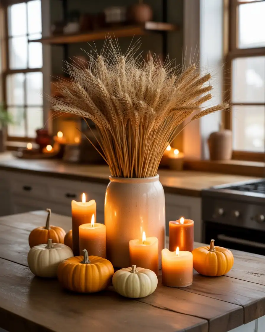 Thanksgiving Centerpiece with Wheat and Candles