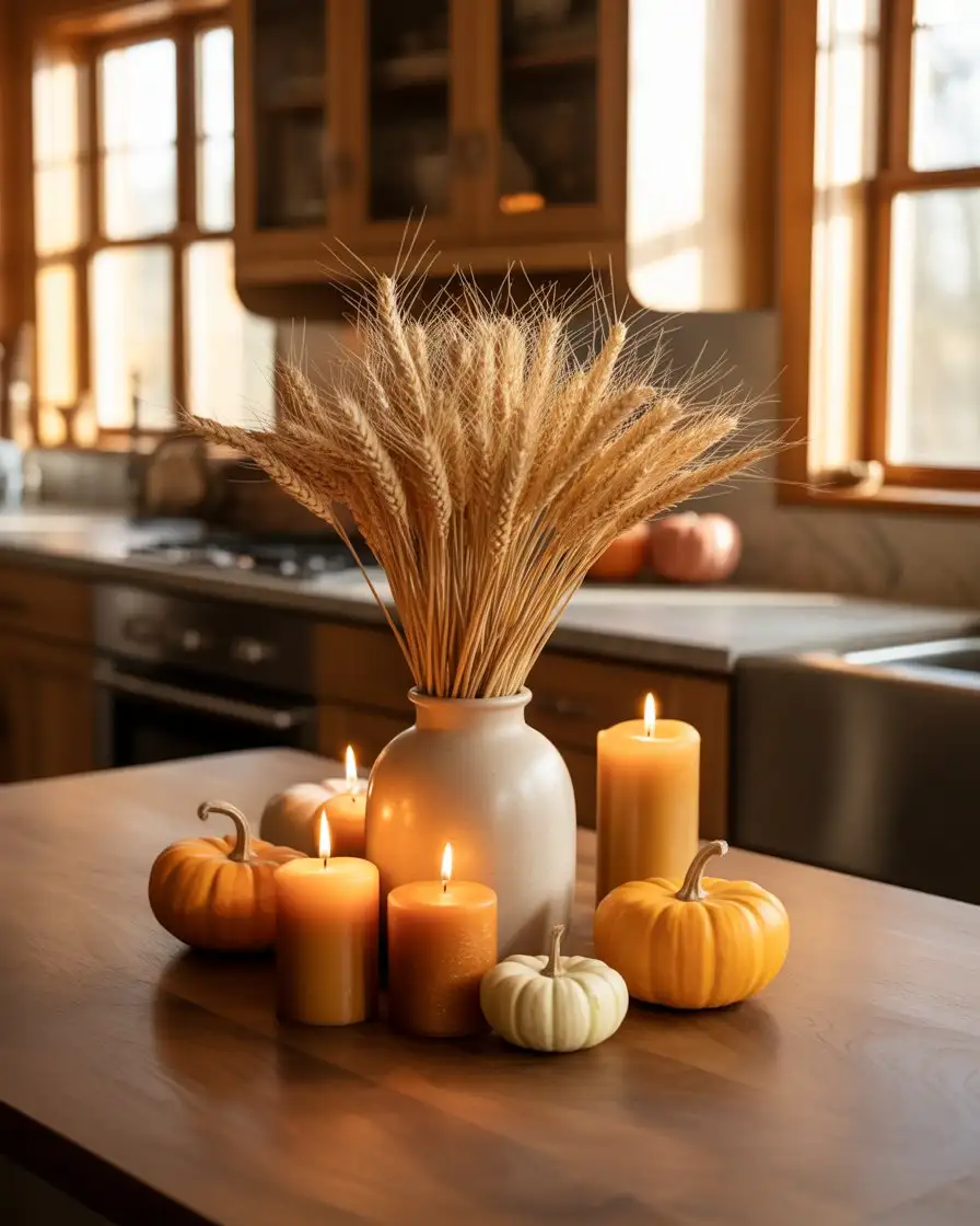 Thanksgiving Centerpiece with Wheat and Candles