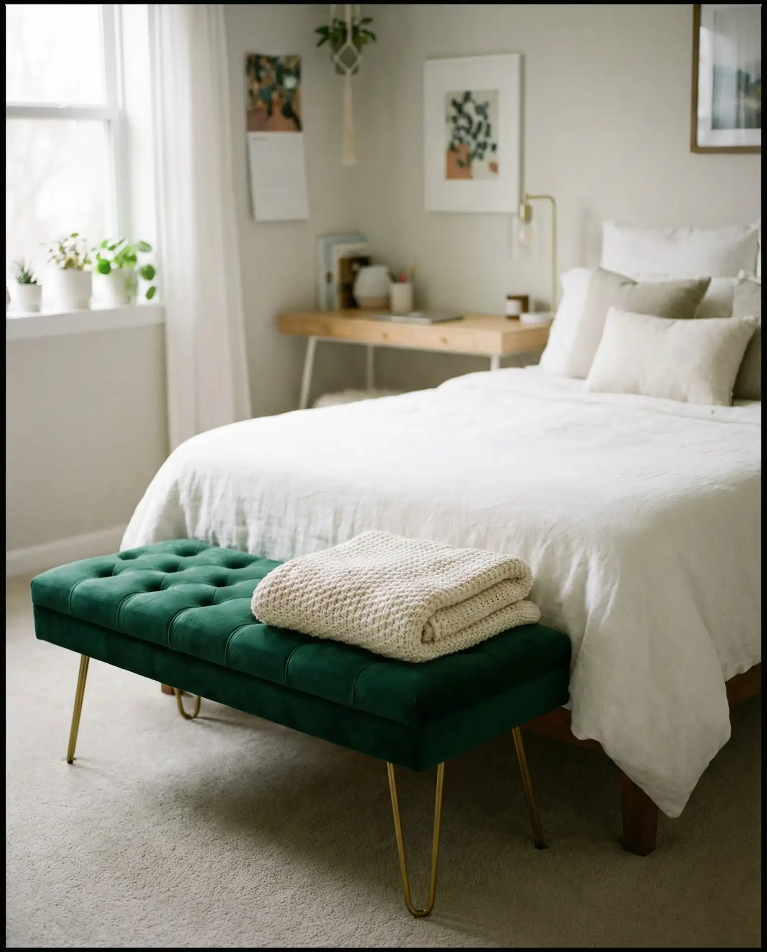 Velvet Upholstered Bench at Foot of Bed 1