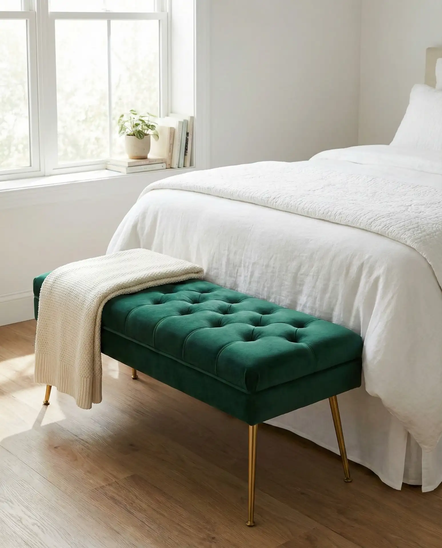 Velvet Upholstered Bench at Foot of Bed 2