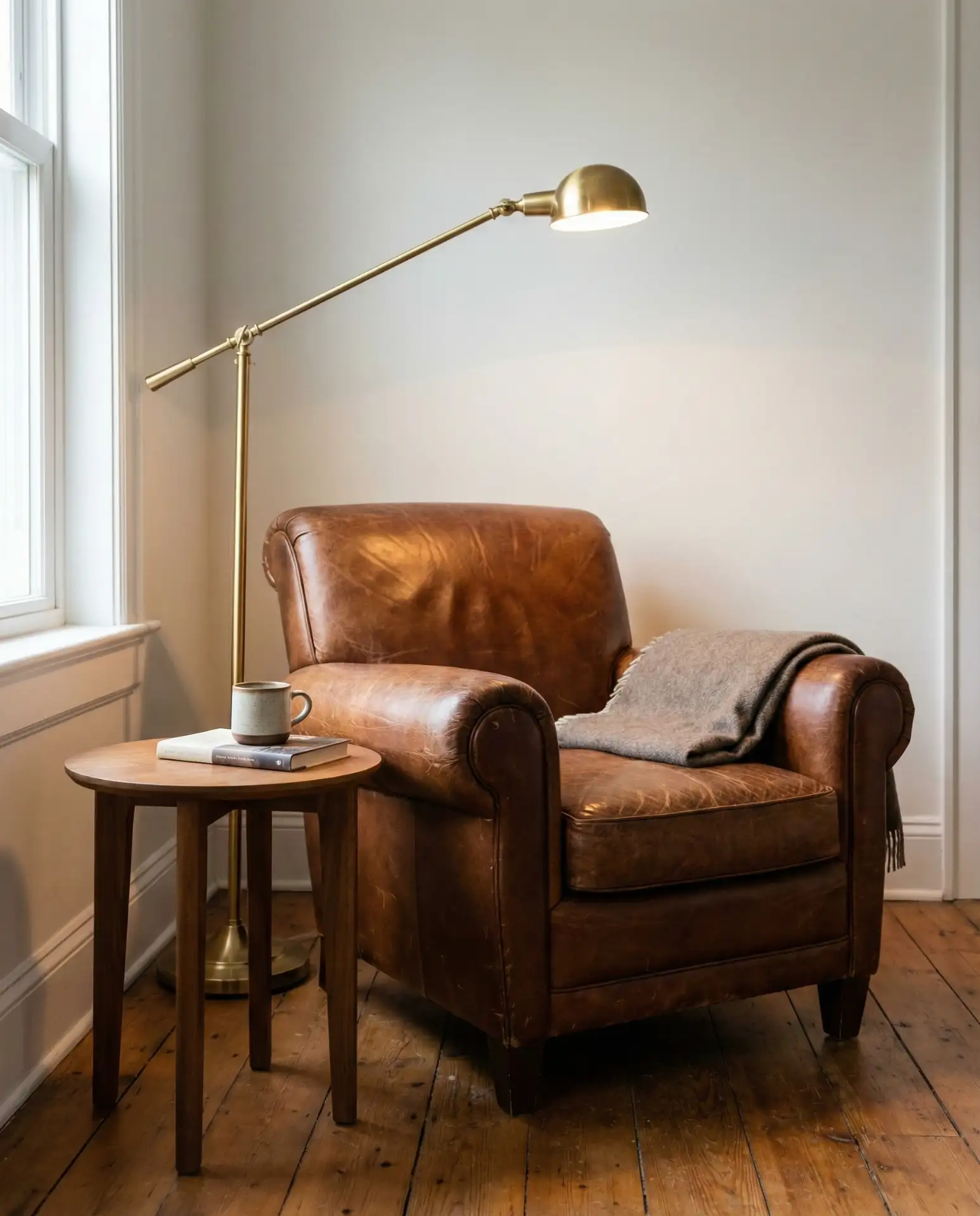 Vintage Armchair with Brass Reading Lamp 1