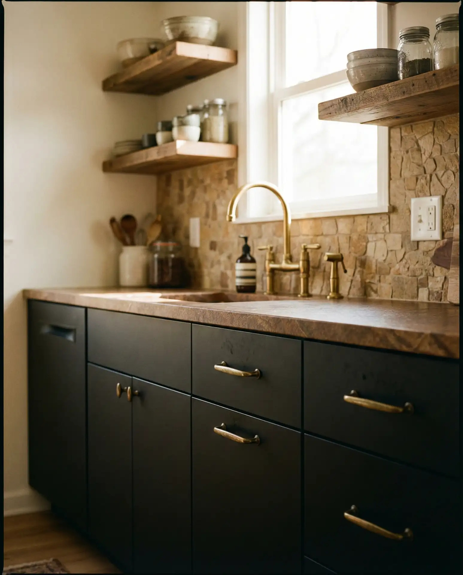 Black Cabinets with Brown Countertops 1
