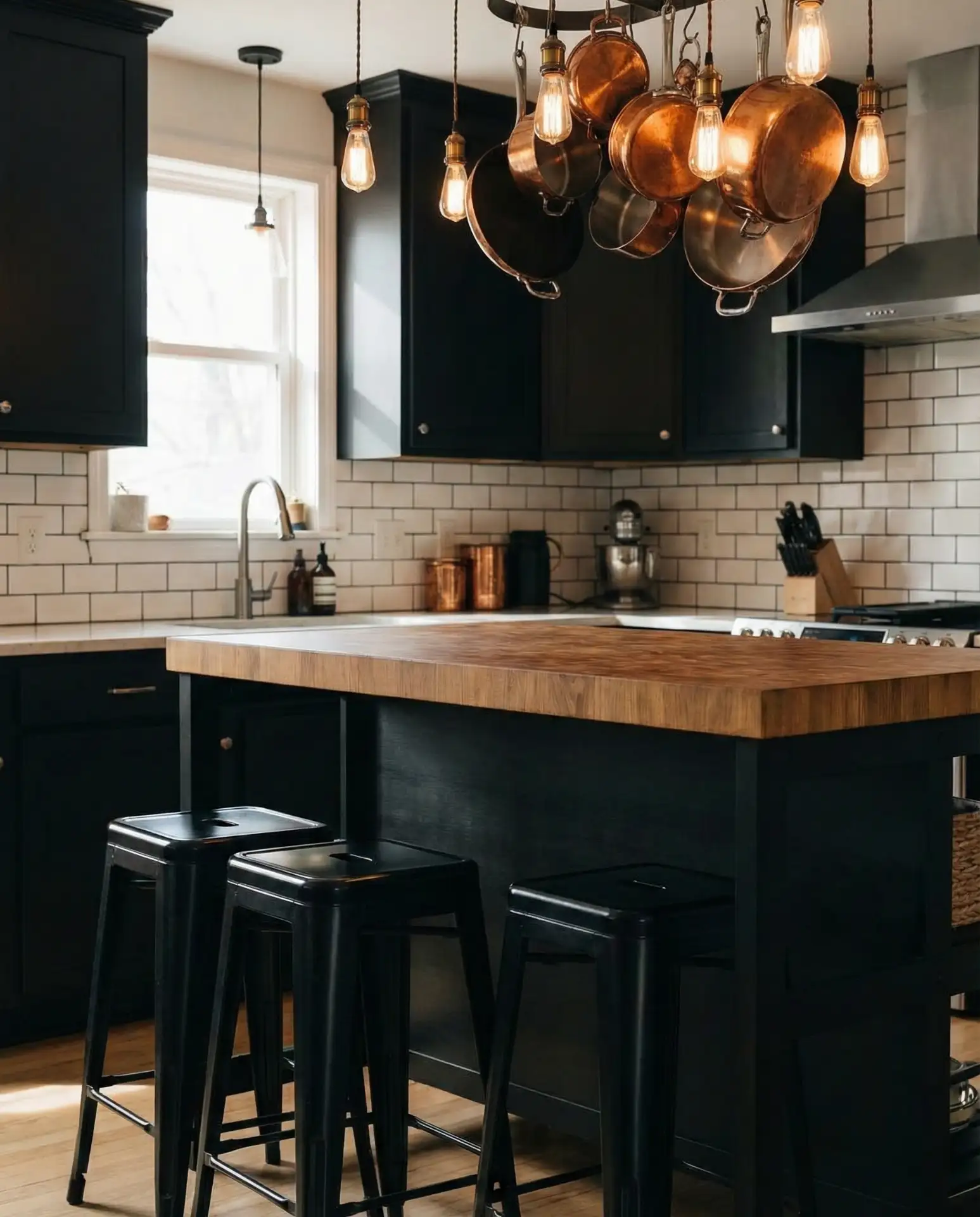 Black Cabinets with Butcher Block Countertops 1