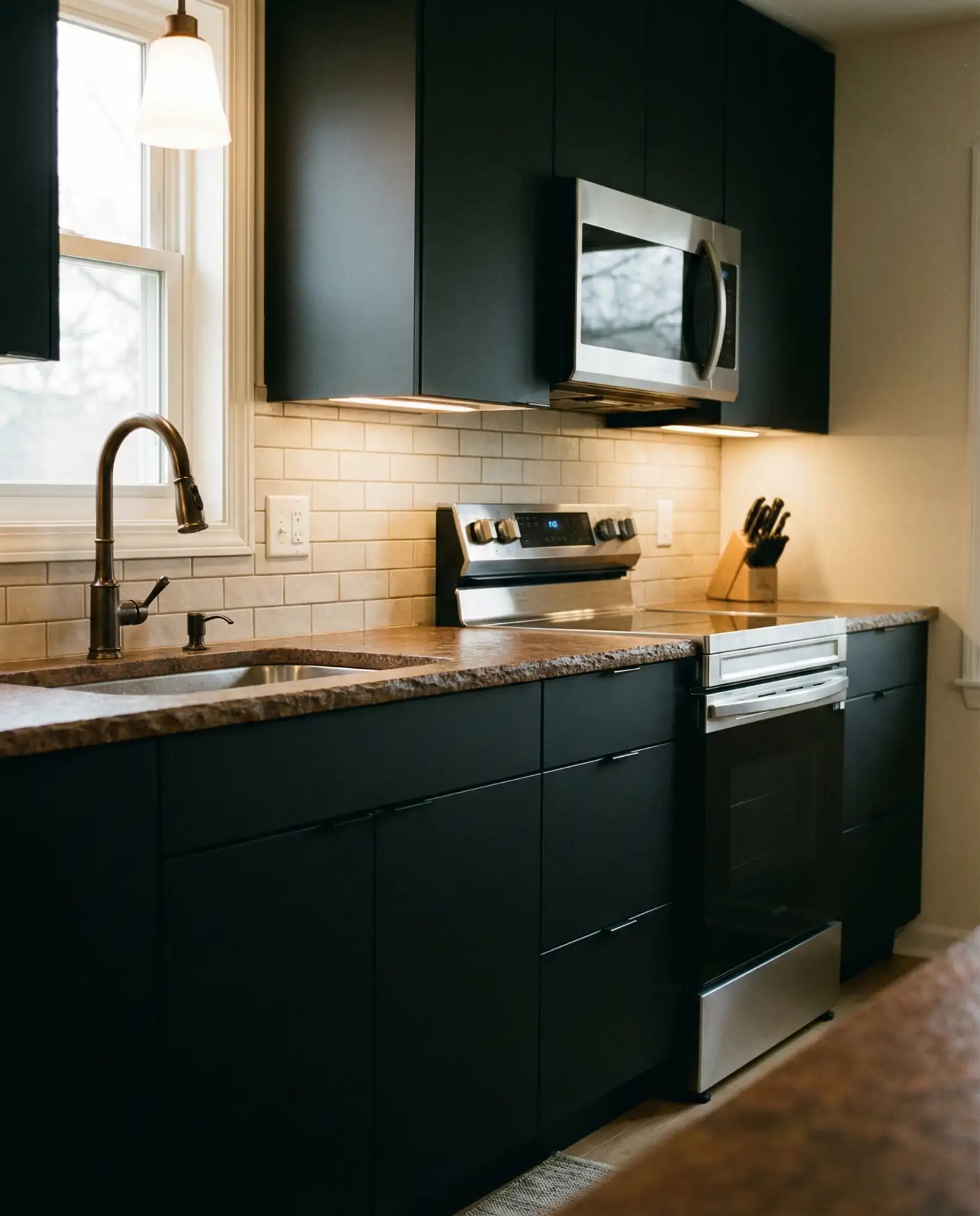 Black Cabinets with Leather-Textured Granite 2