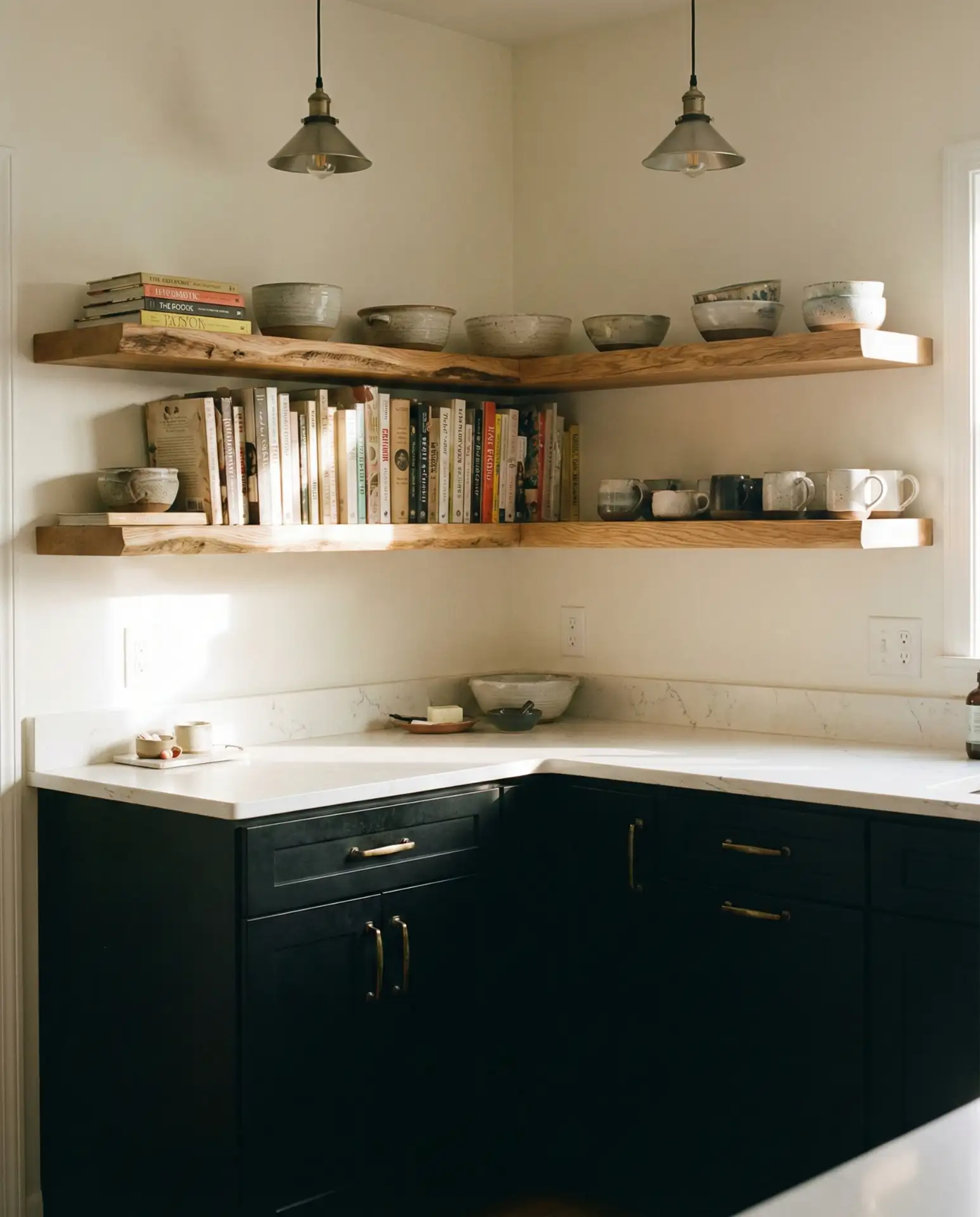 Black Cabinets with Open Wood Shelving 2