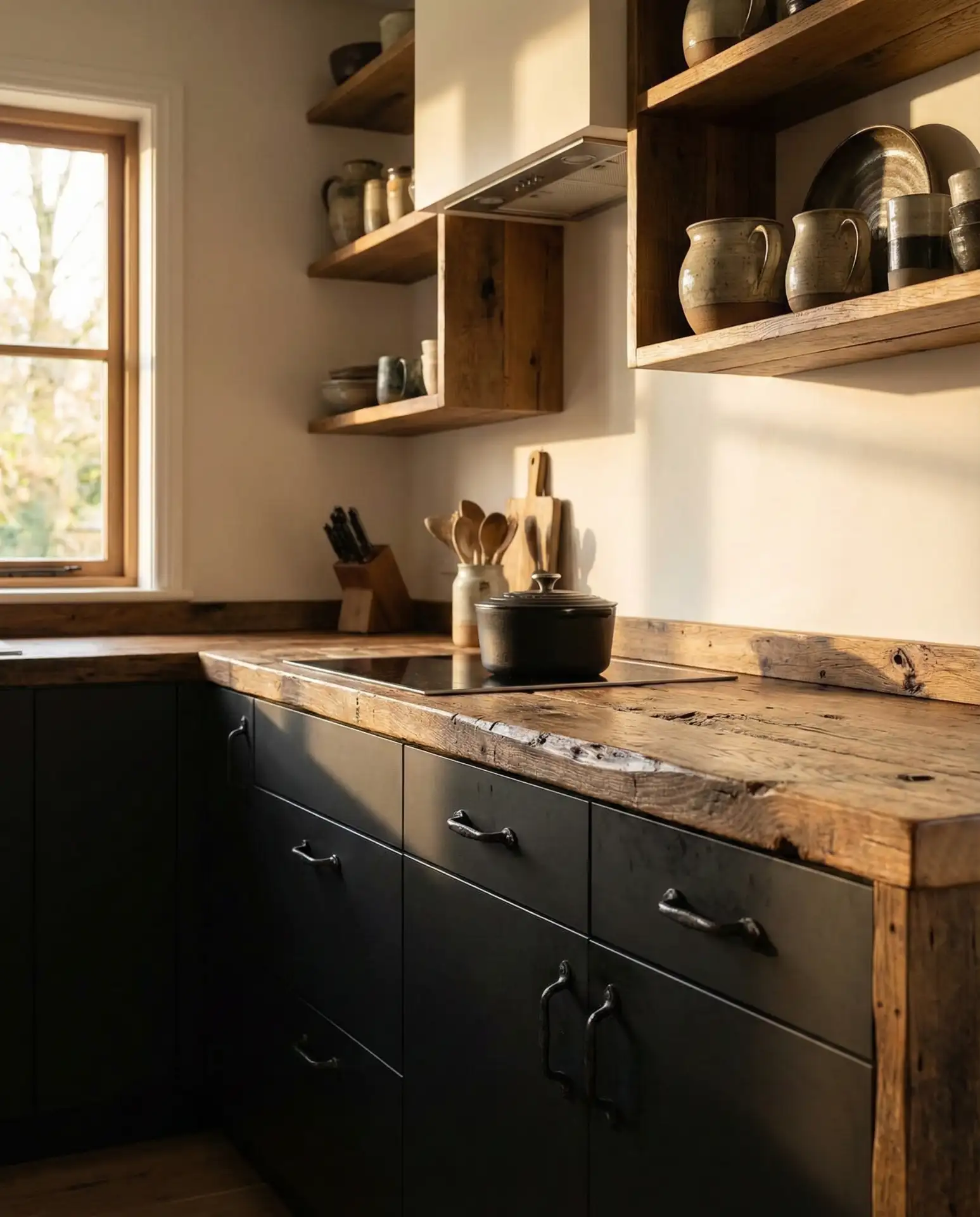 Black Cabinets with Rustic Wood Countertops 1