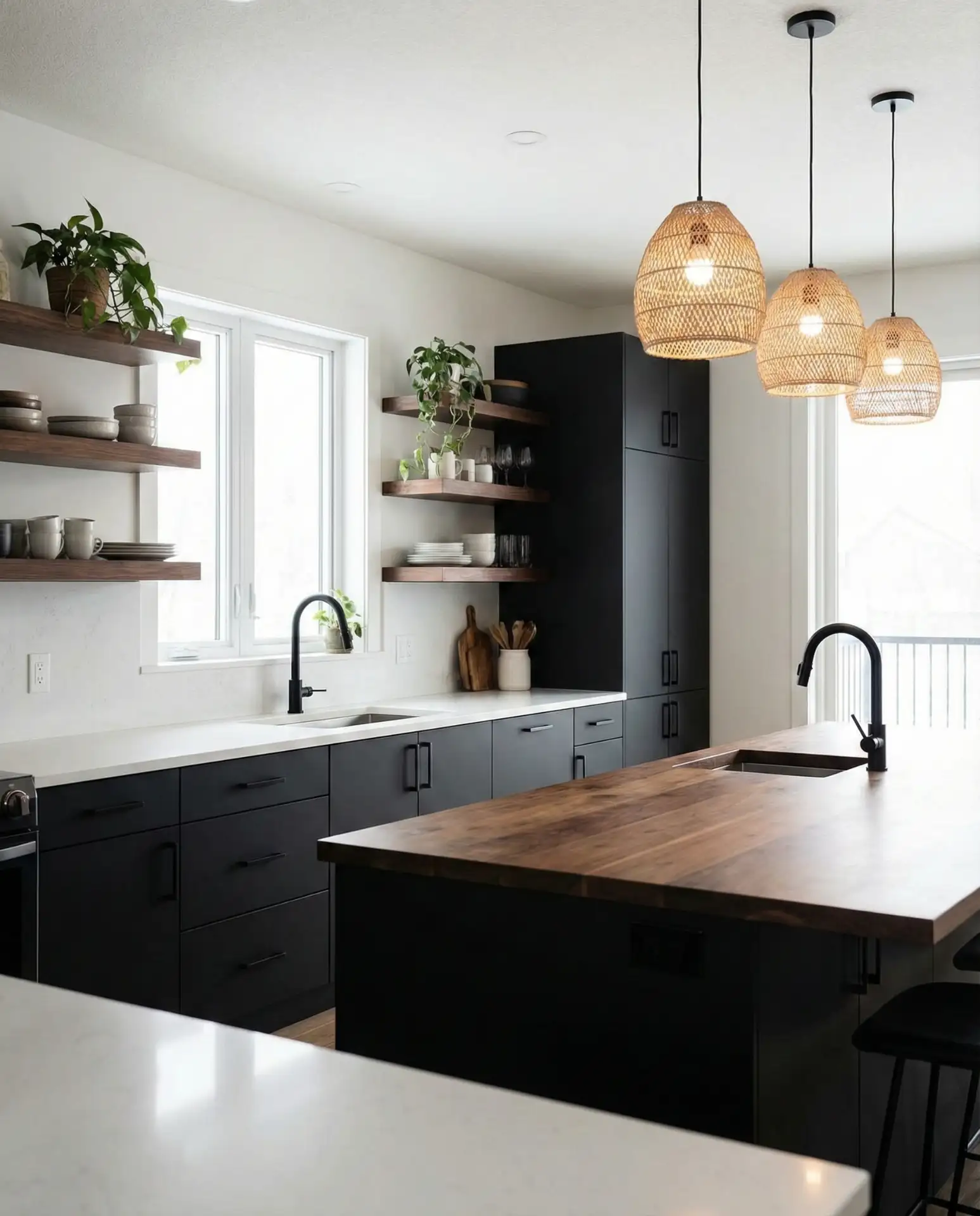 Black Cabinets with Stained Wood Accents 1