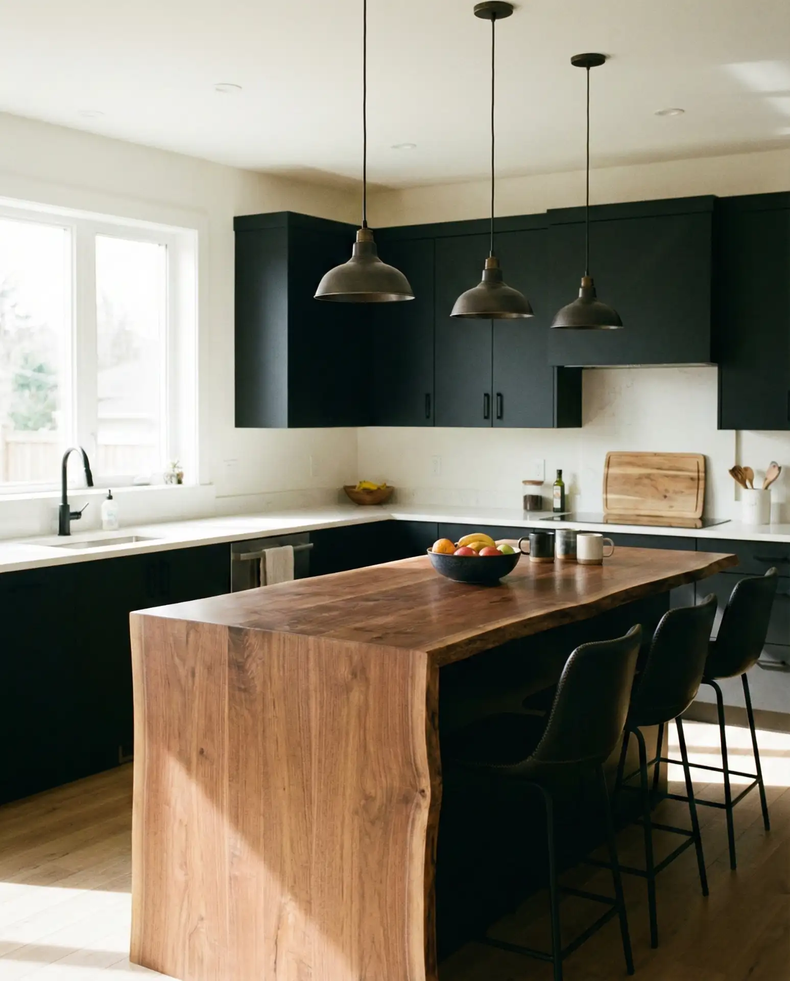 Black Cabinets with Wood Counter Islands 1