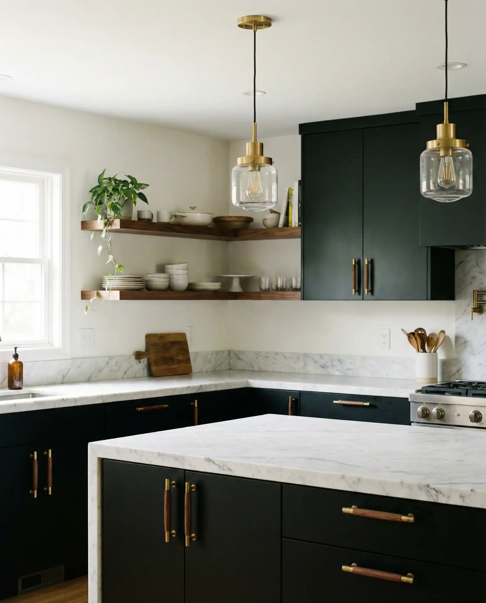 Black Cabinets with Wood and Metal Hardware 2