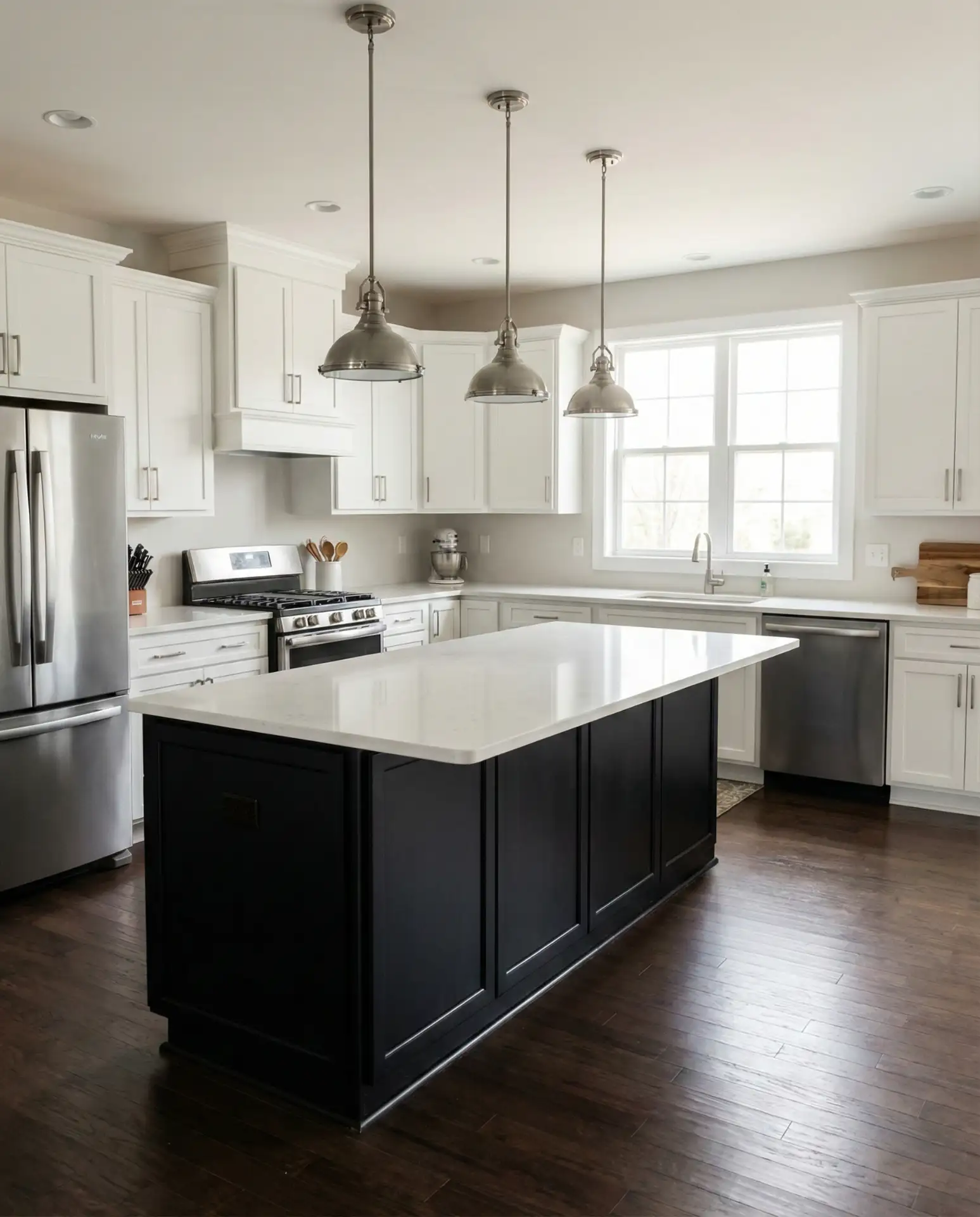 Black Kitchen Island with White Perimeter Cabinets 1