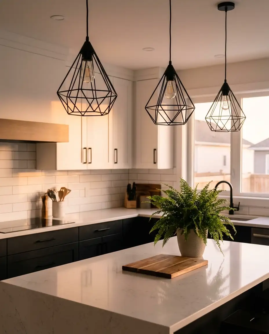 Black Pendant Lights Over White Island 1
