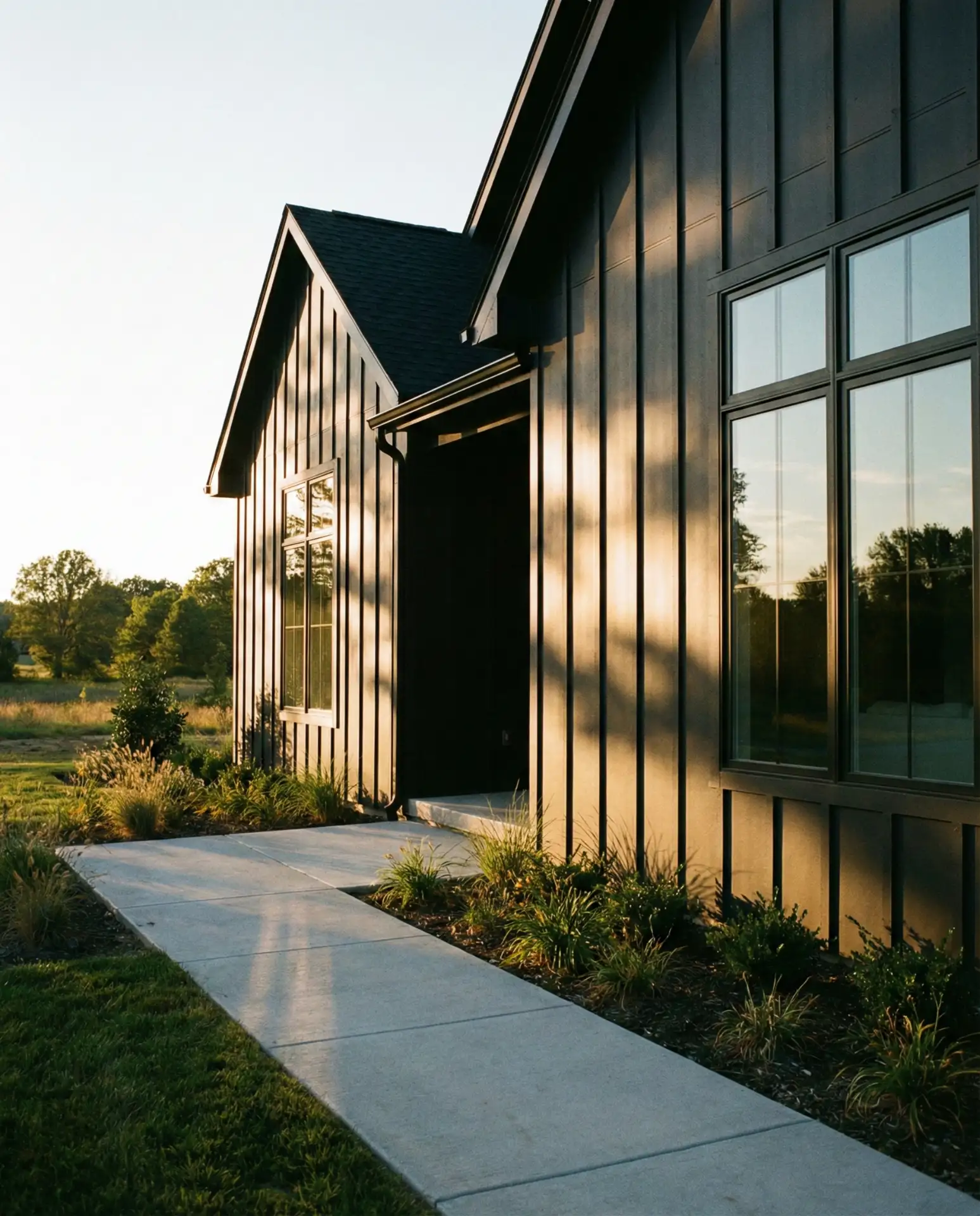 Black Vertical Siding with Minimalist Landscaping 1
