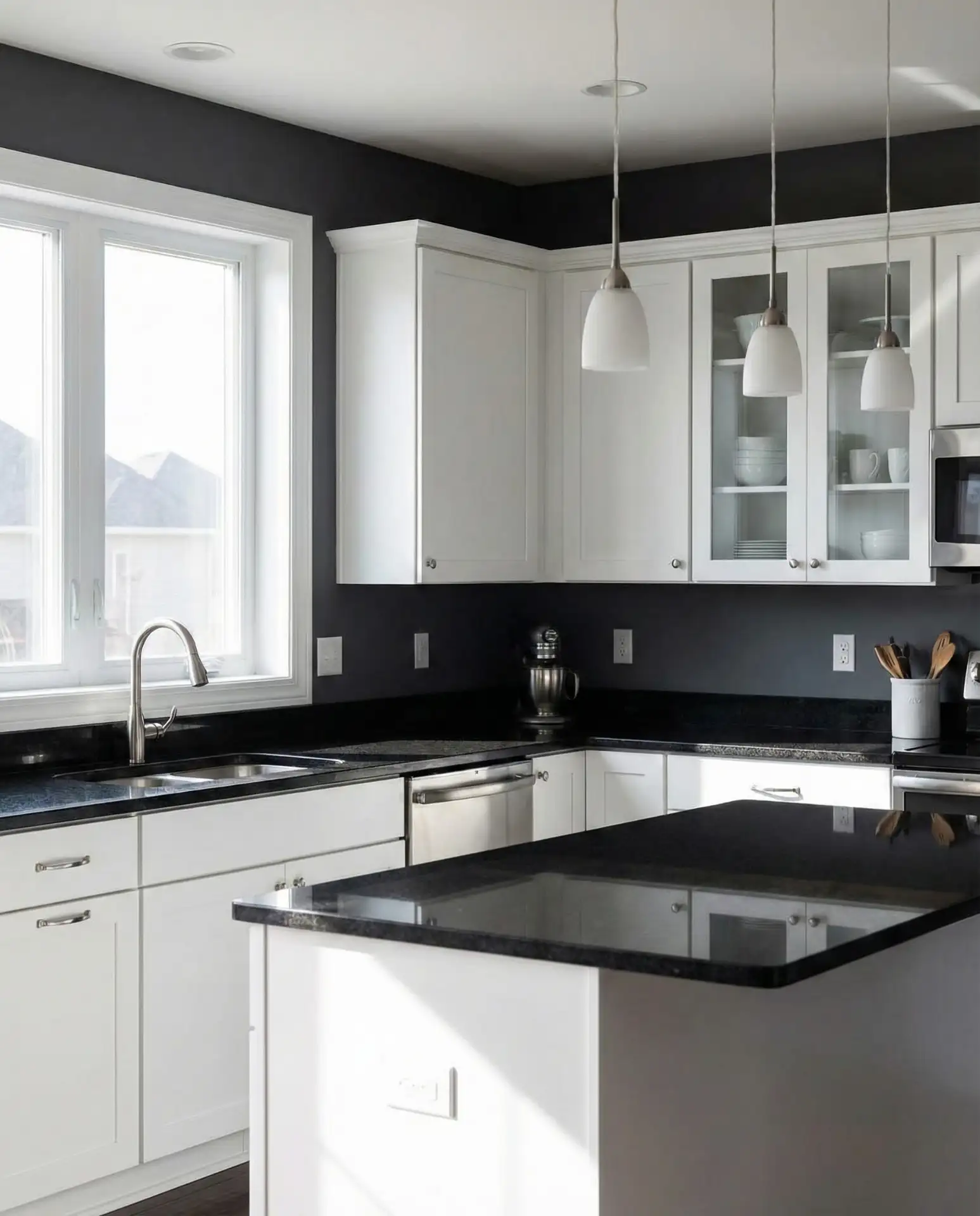 Charcoal Gray Walls with White Cabinets and Black Countertops 2