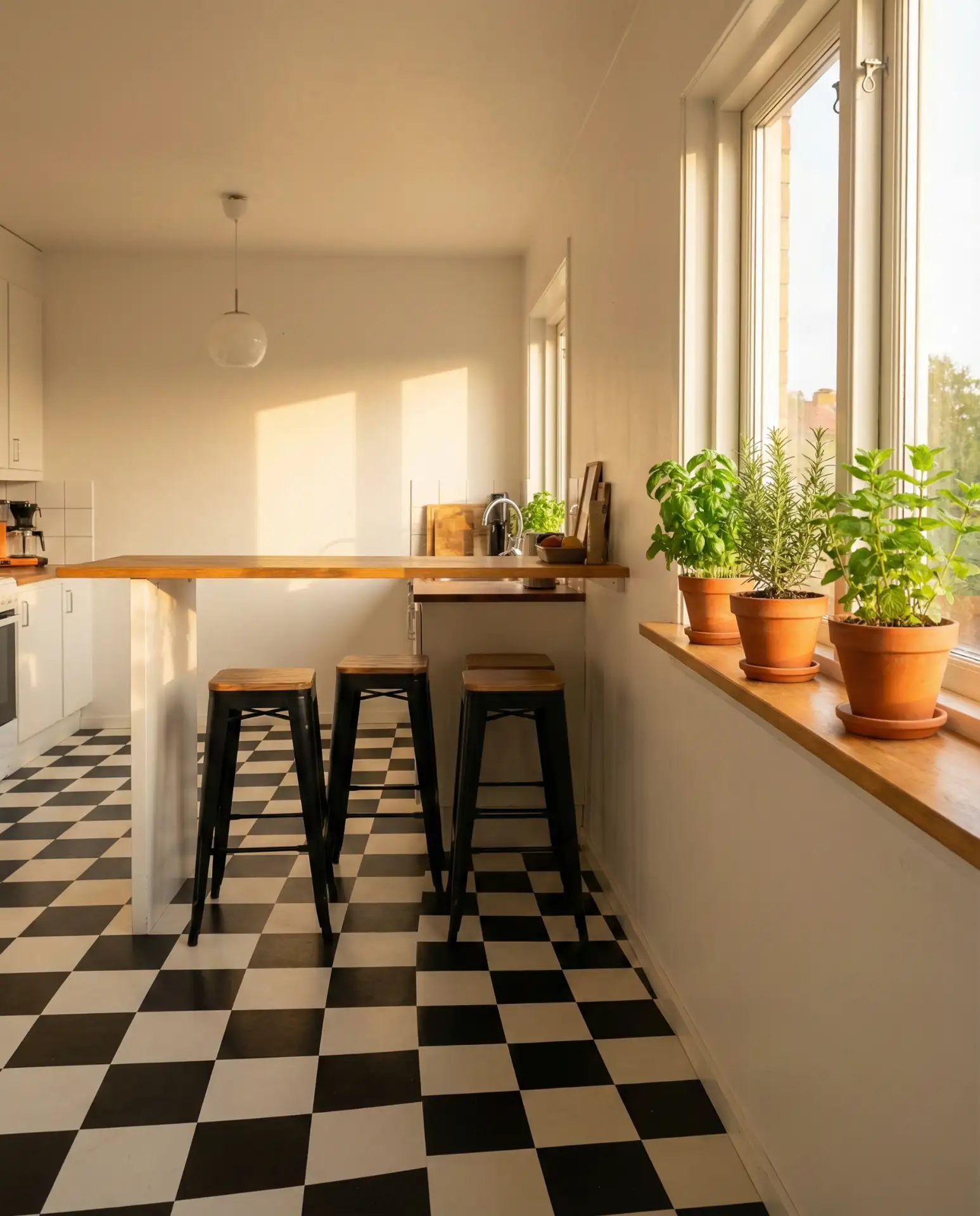 Checkerboard Floor Tiles with Warm Wood Accents 1