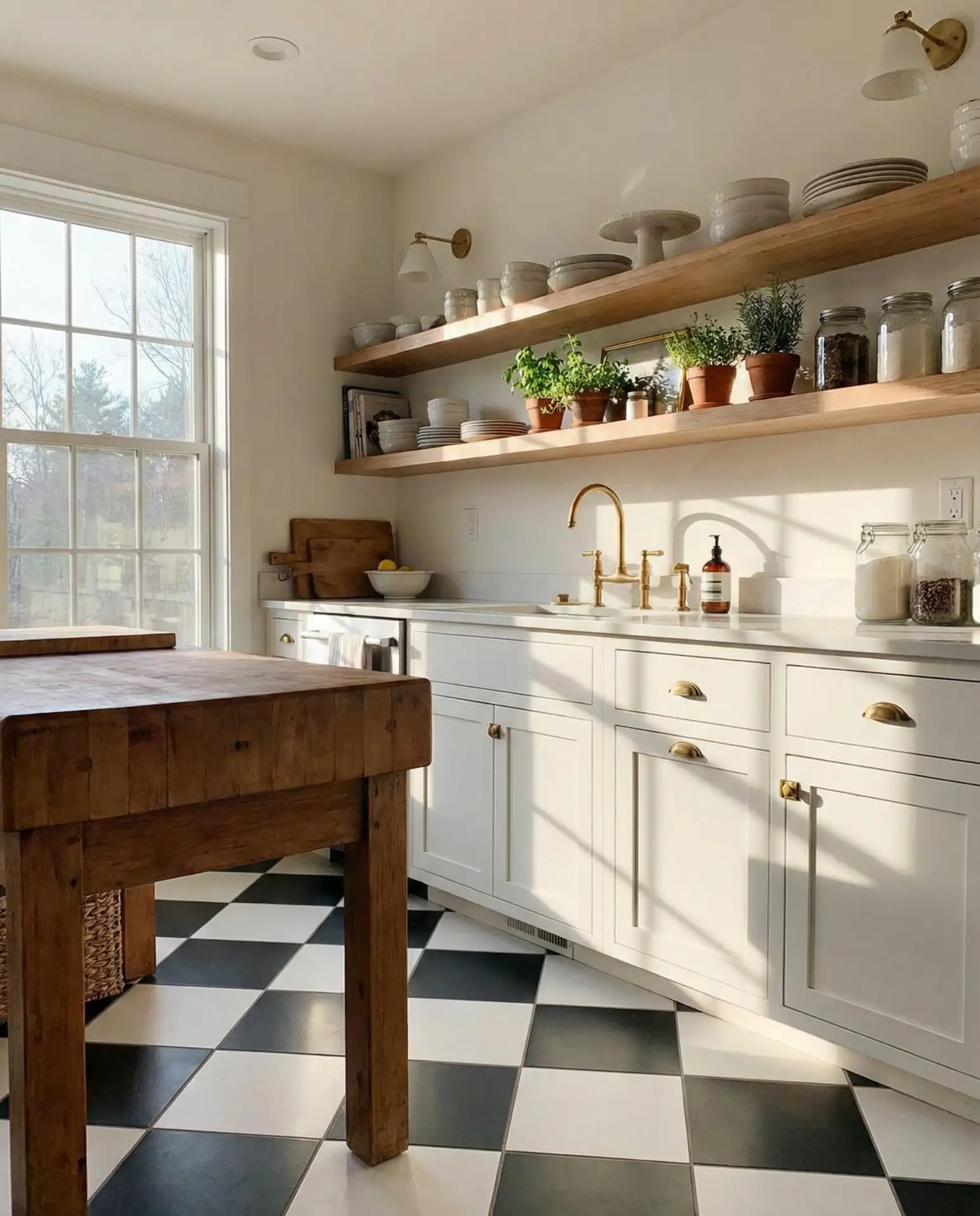 Checkerboard Floor Tiles with Warm Wood Accents 2