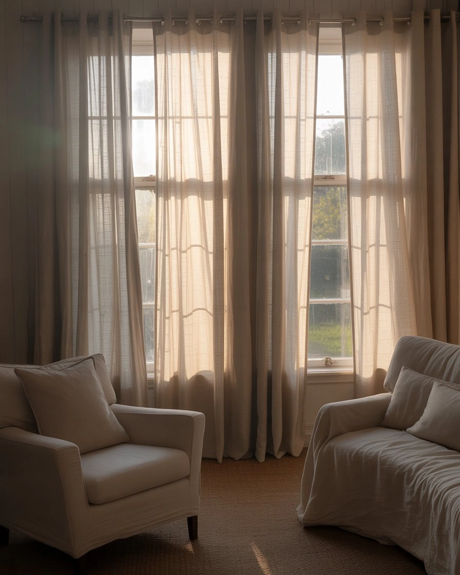 Cottage Living Room with Layered Curtains and Textiles 1