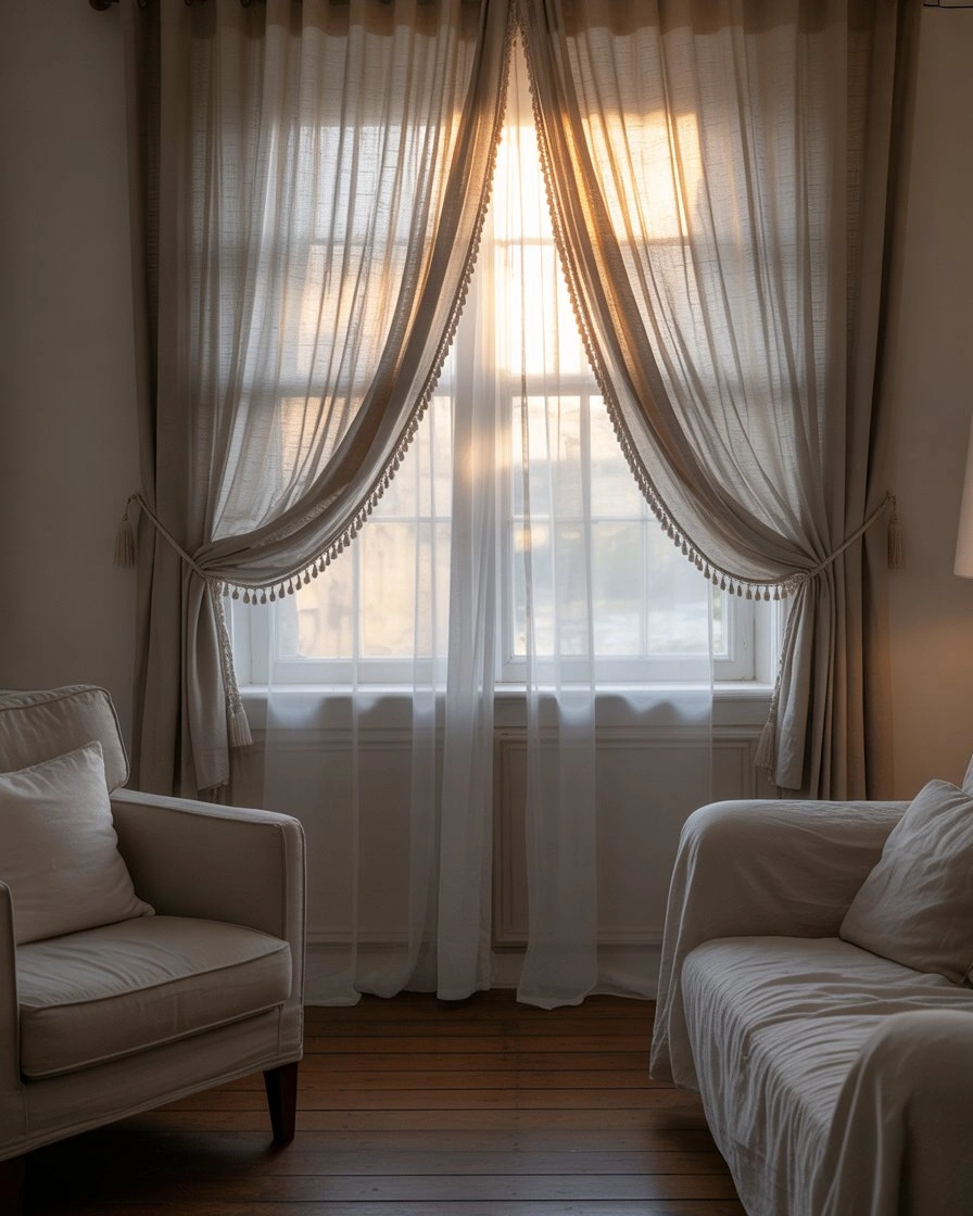 Cottage Living Room with Layered Curtains and Textiles 2