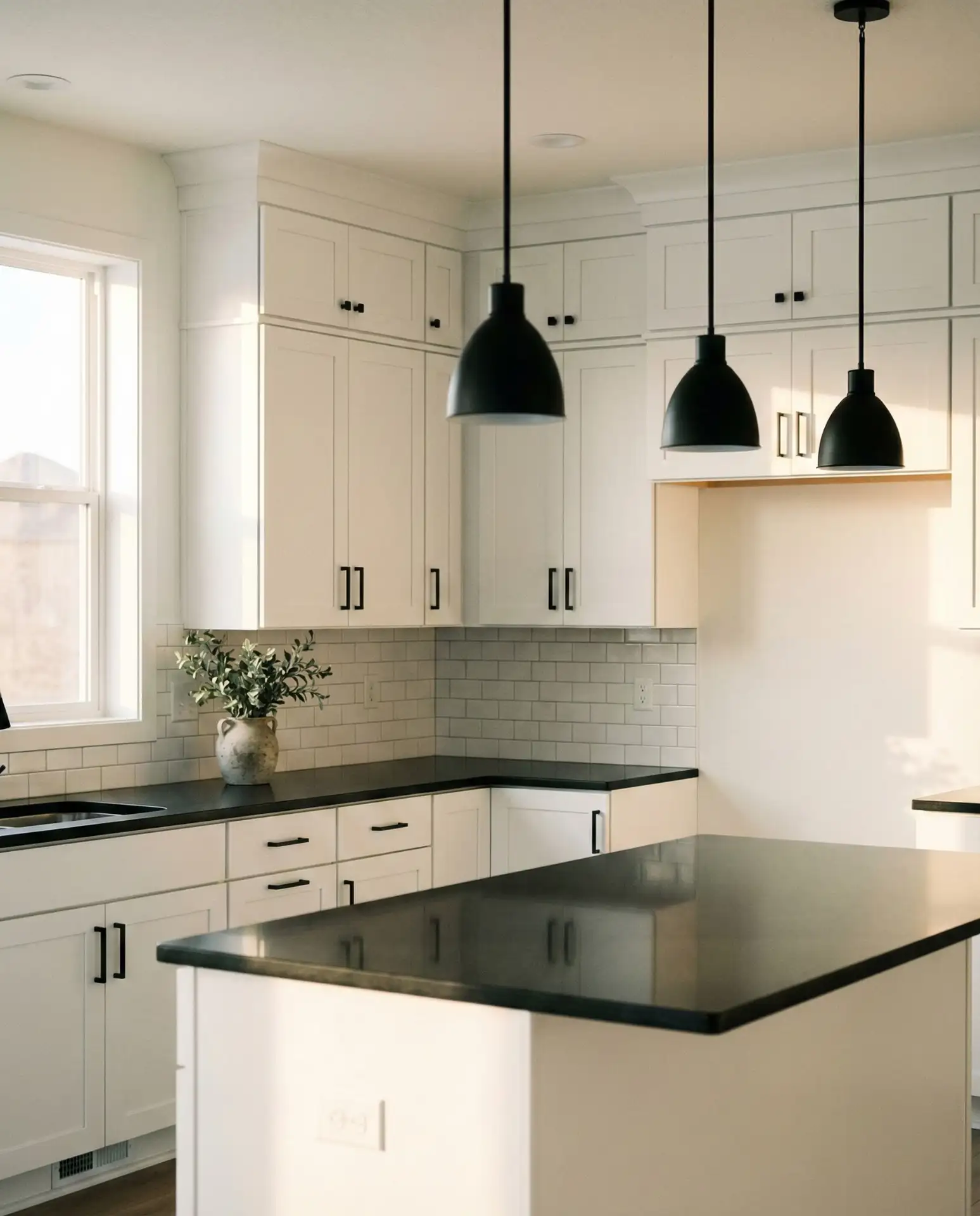 Crisp White Walls and White Cabinets with Black Countertops 2