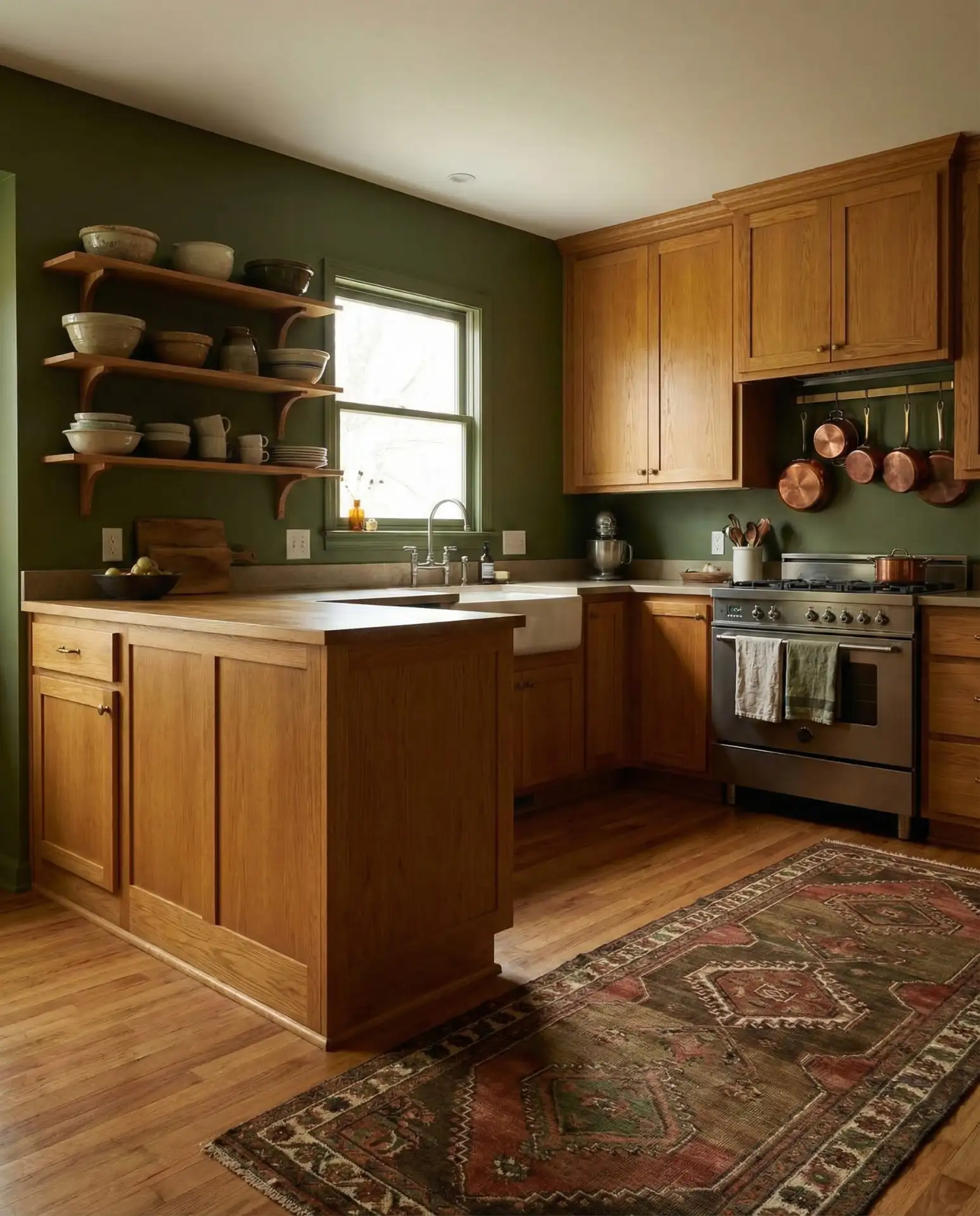 Deep Green Walls with Honey Oak Cabinets 1