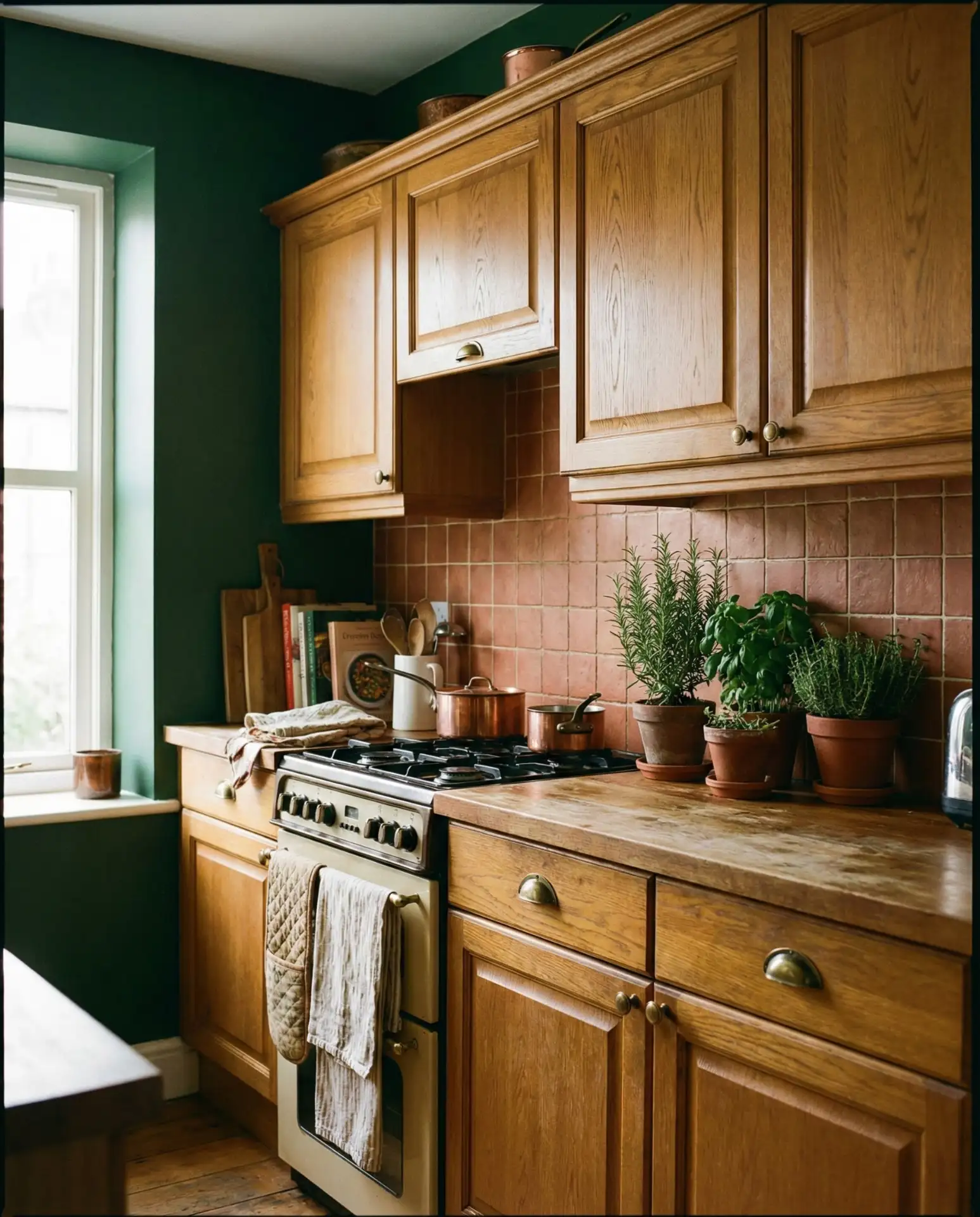 Deep Green Walls with Honey Oak Cabinets 2