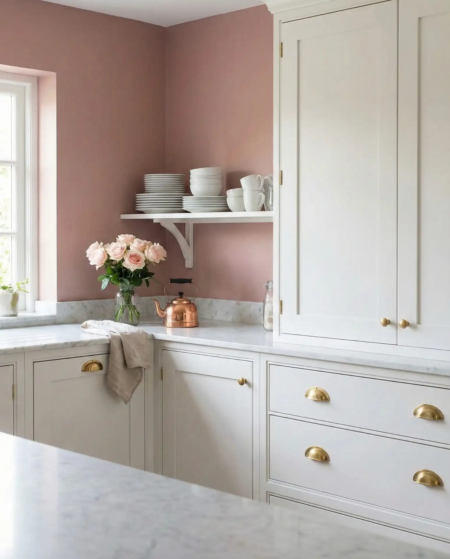 Dusty Rose Walls with White Cabinets 2