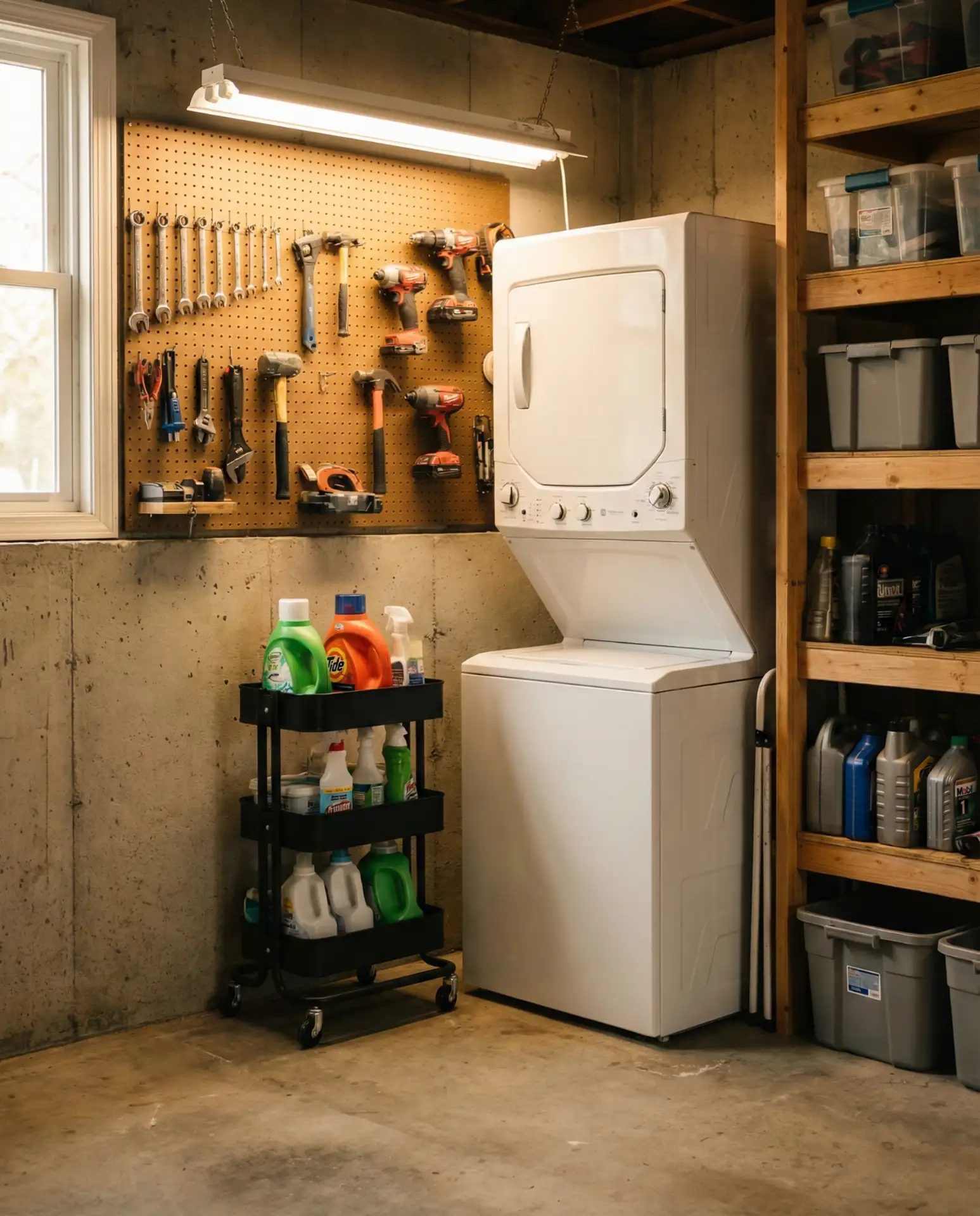 Garage Laundry with Rolling Cart Storage 1