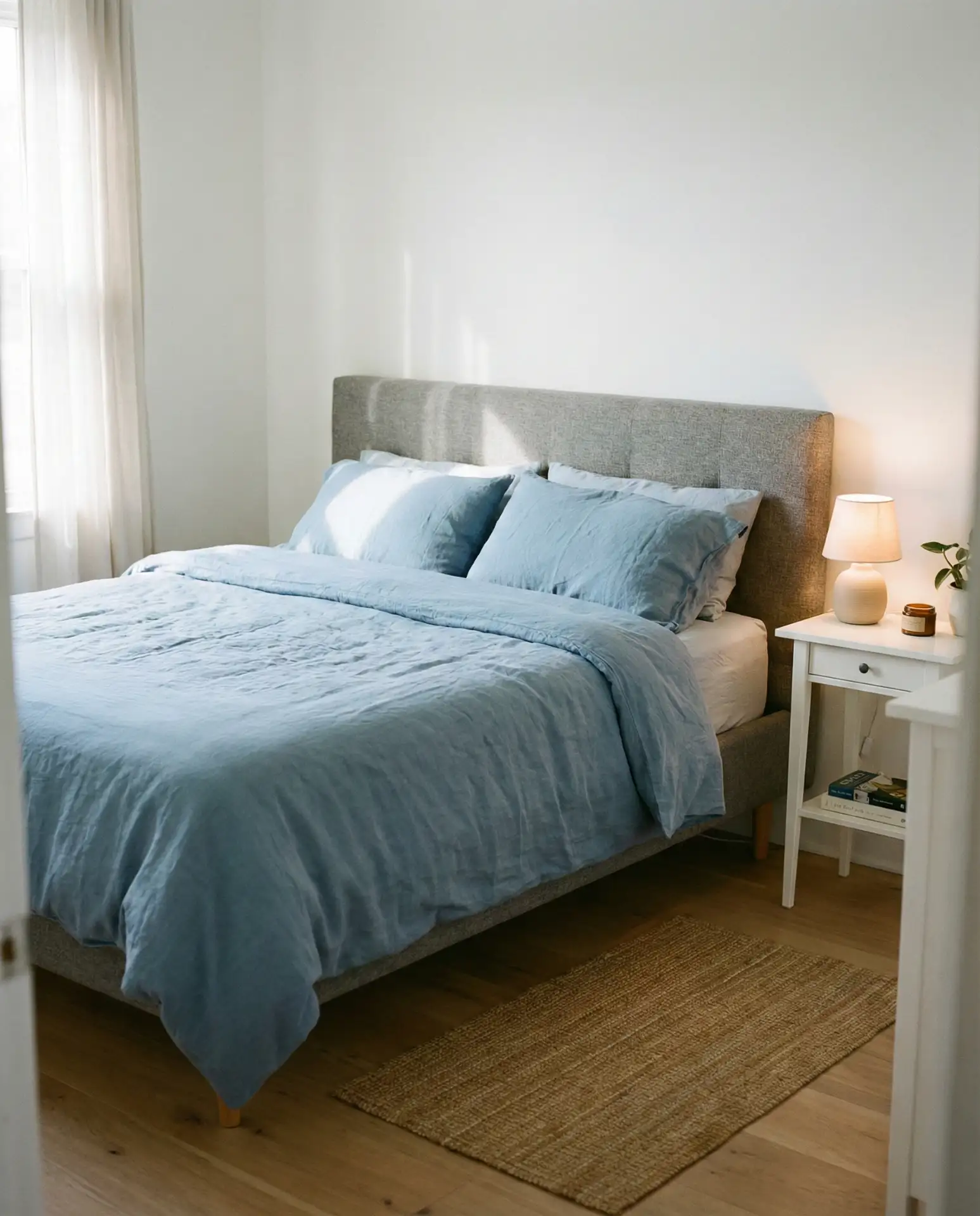 Gray Headboard with Soft Blue Accents 1