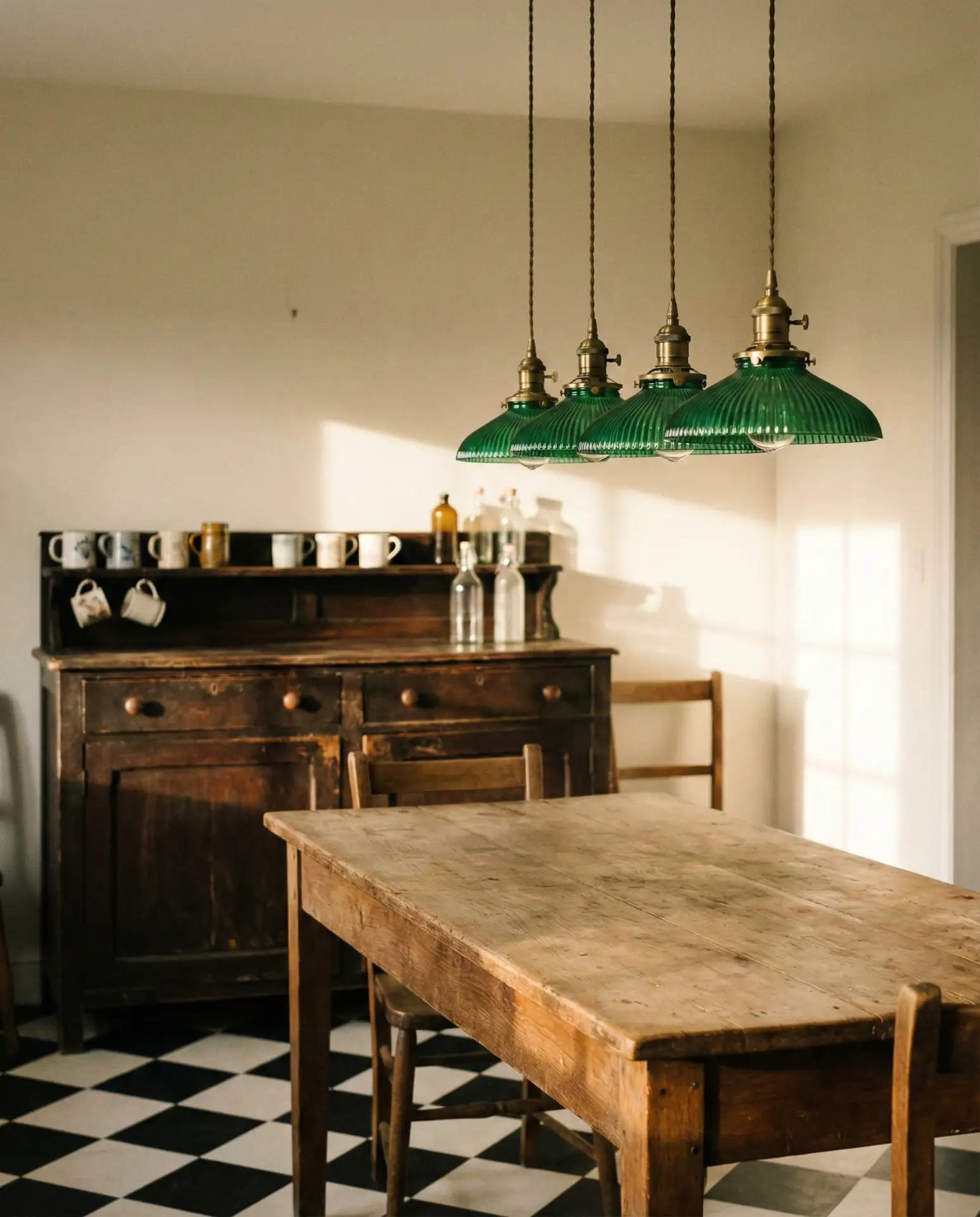 Green Glass Dome Shades Over Table
