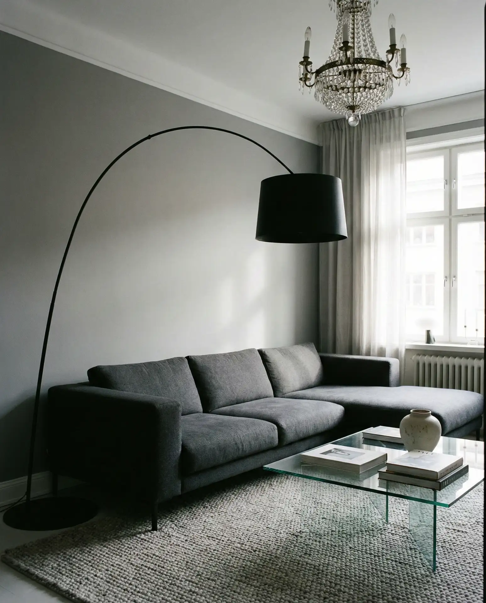 Grey Living Room with Statement Lighting 2