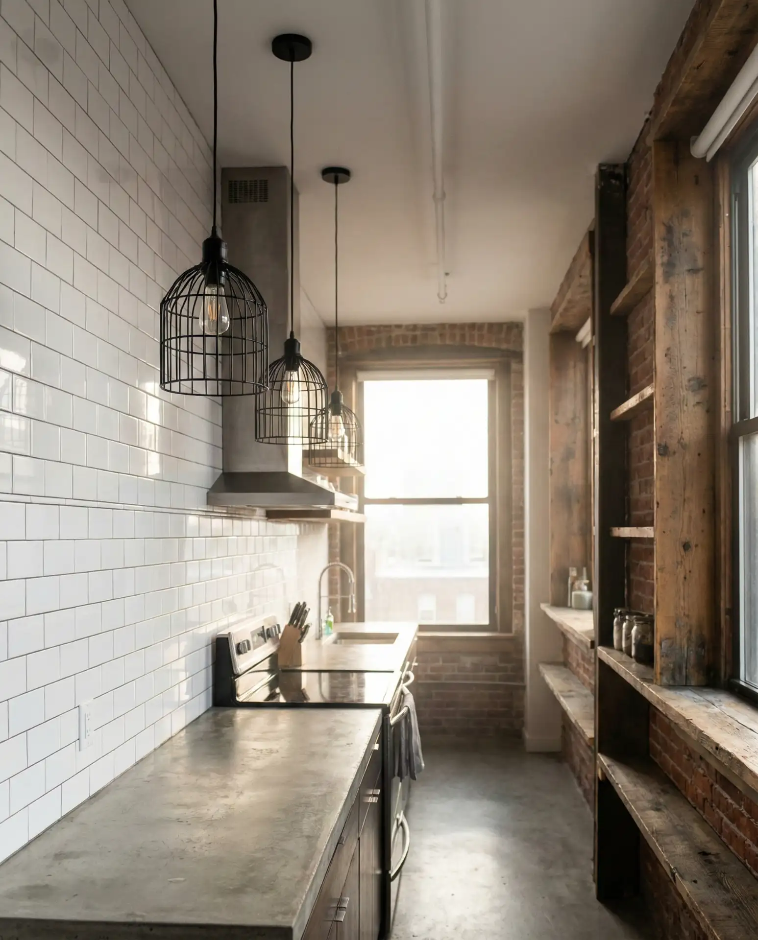 Industrial Cage Pendants in Galley Kitchens