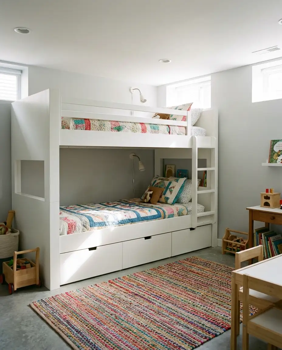 Kids Basement Bedroom with Built-In Bunks 2