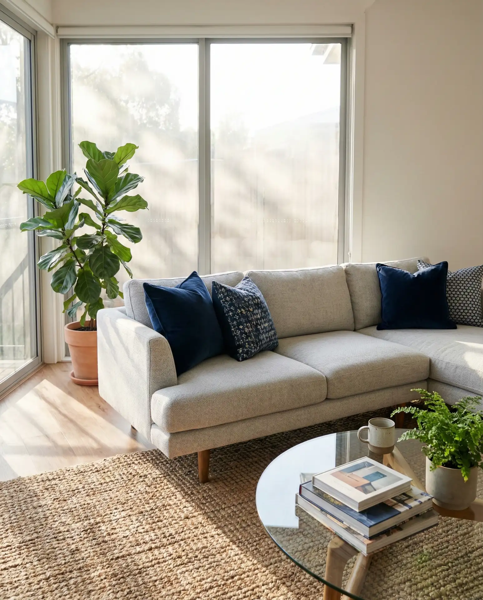Light Grey Sofa with Navy Blue Pillows 1