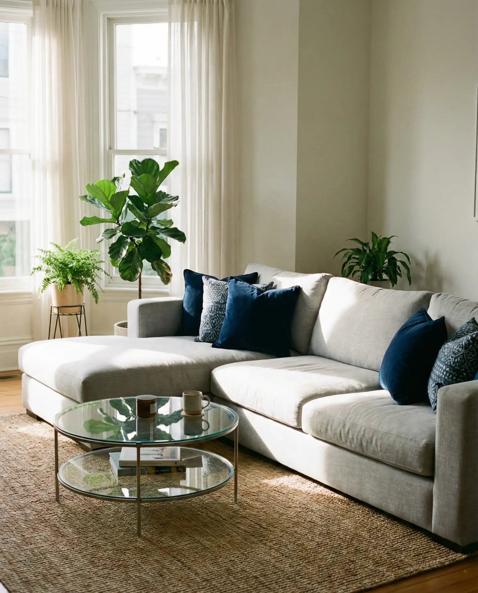 Light Grey Sofa with Navy Blue Pillows 2