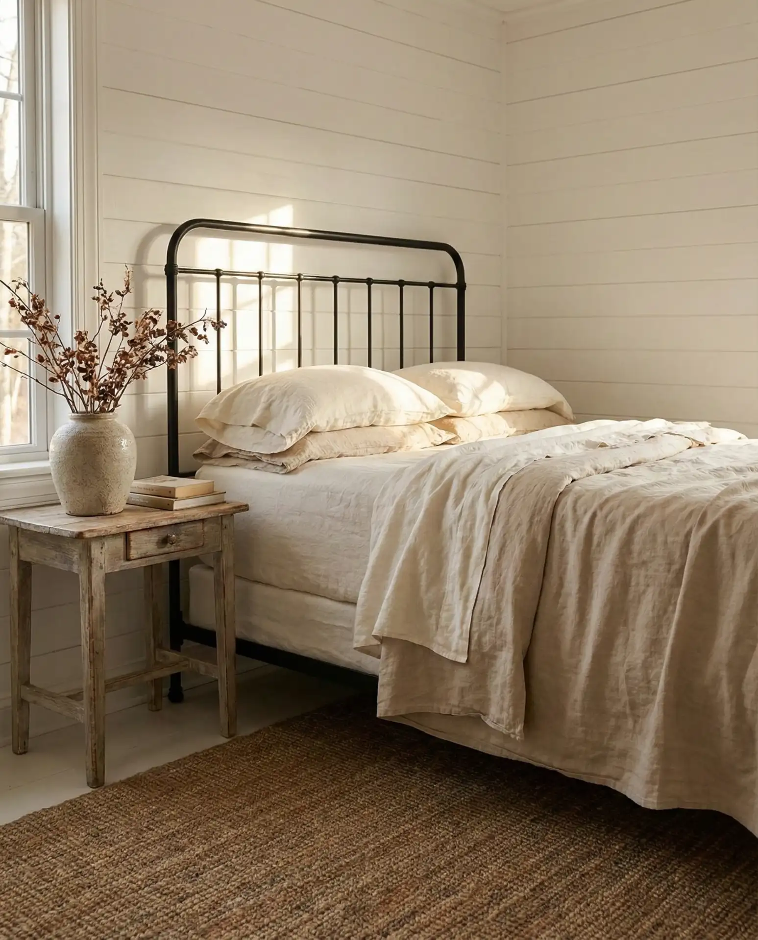 Master Bedroom with Linen Bedding and Iron Bed Frame 1