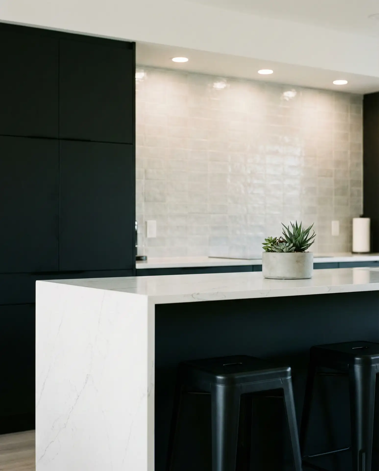 Matte Black Cabinets with White Quartz Countertops 2
