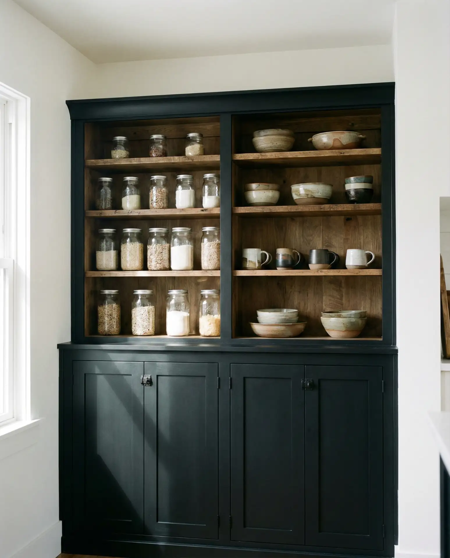 Matte Black Pantry Cabinet with Open Shelving 1