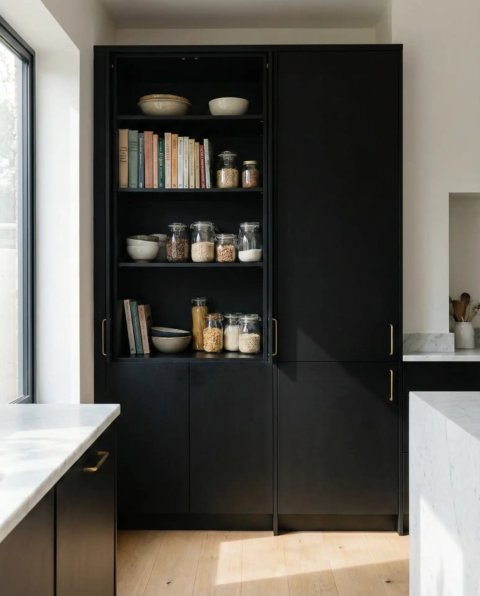 Matte Black Pantry Cabinet with Open Shelving 2
