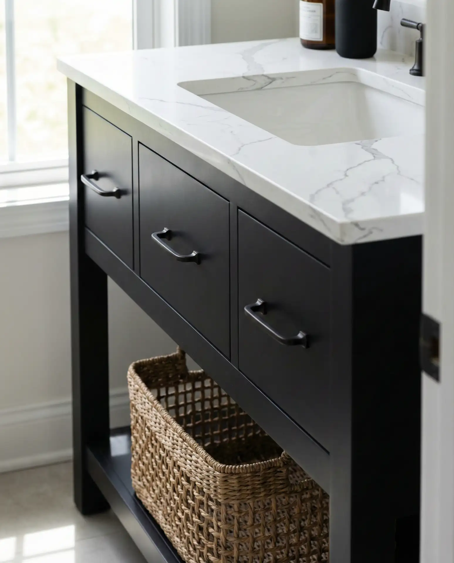 Matte Black Vanity with White Countertop 2