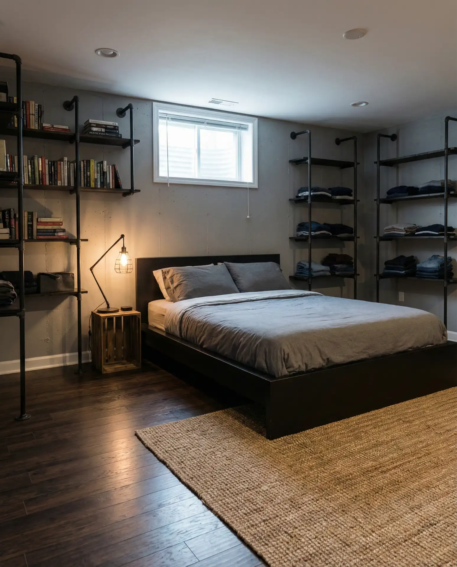 Mens Basement Bedroom with Industrial Accents 2