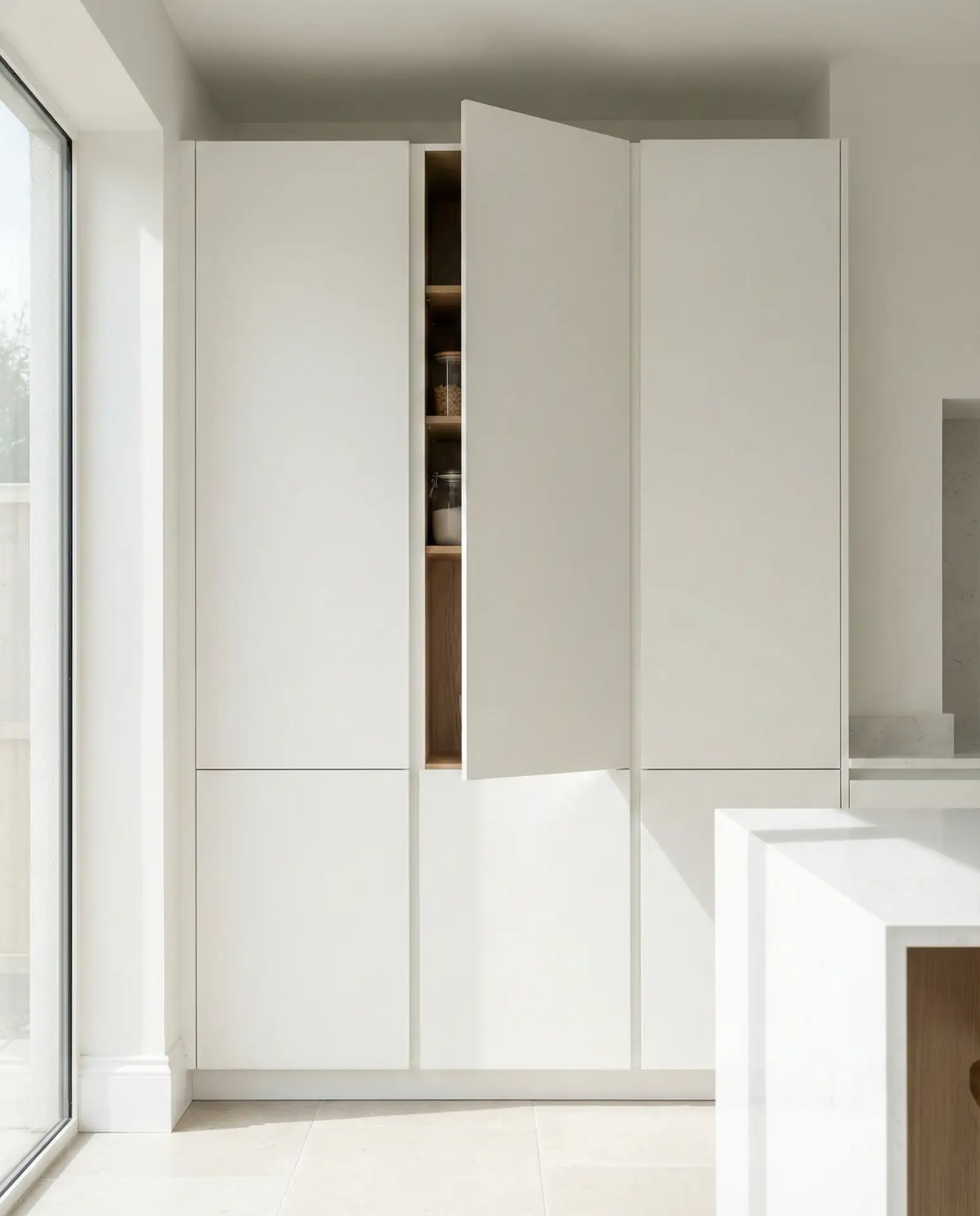 Minimalist White Pantry with Push-to-Open Doors 1
