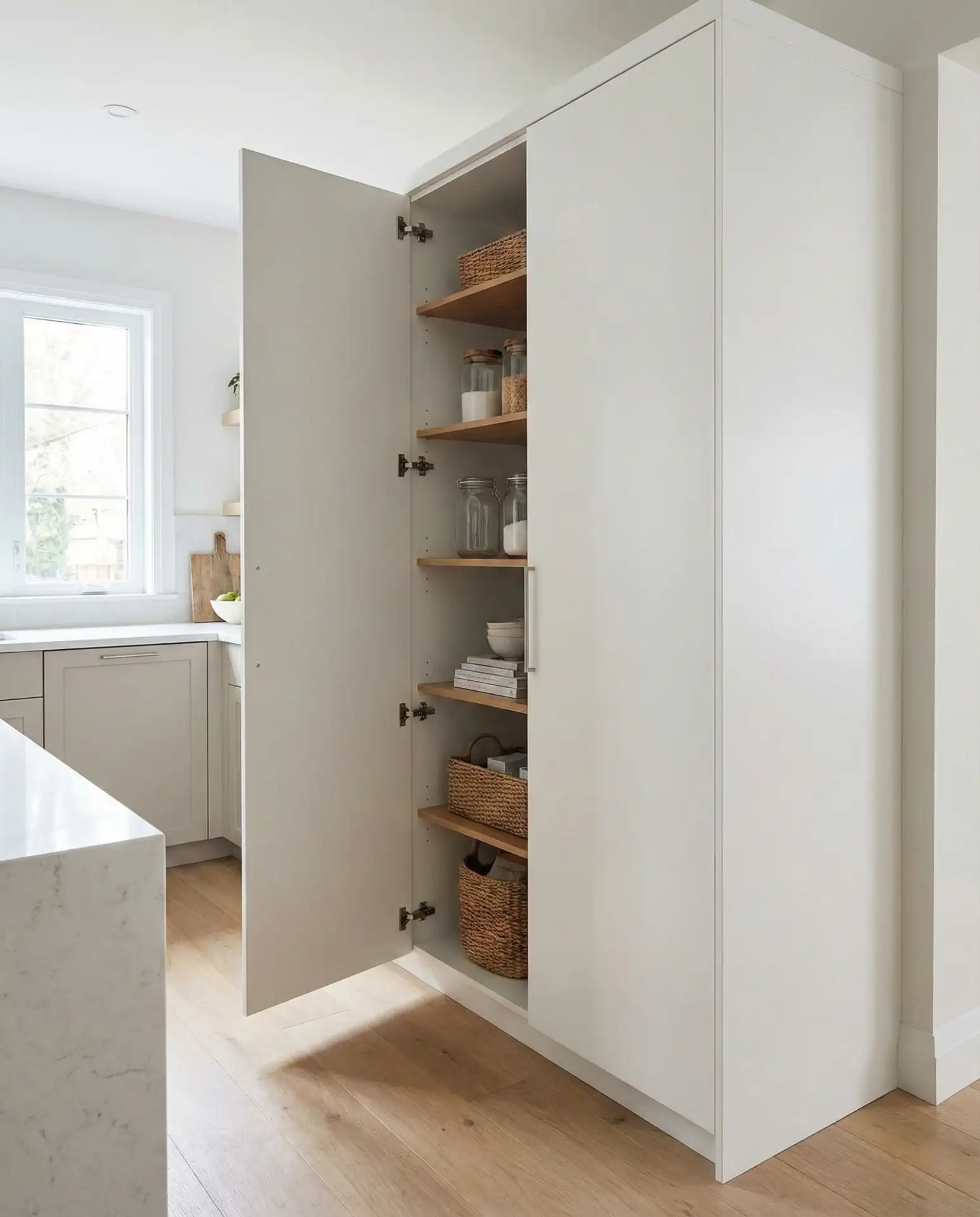 Minimalist White Pantry with Push-to-Open Doors 2