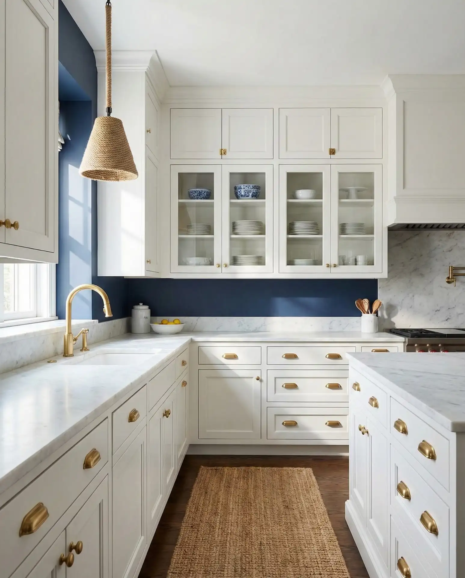 Navy Blue Walls with Brass and White Cabinets 2
